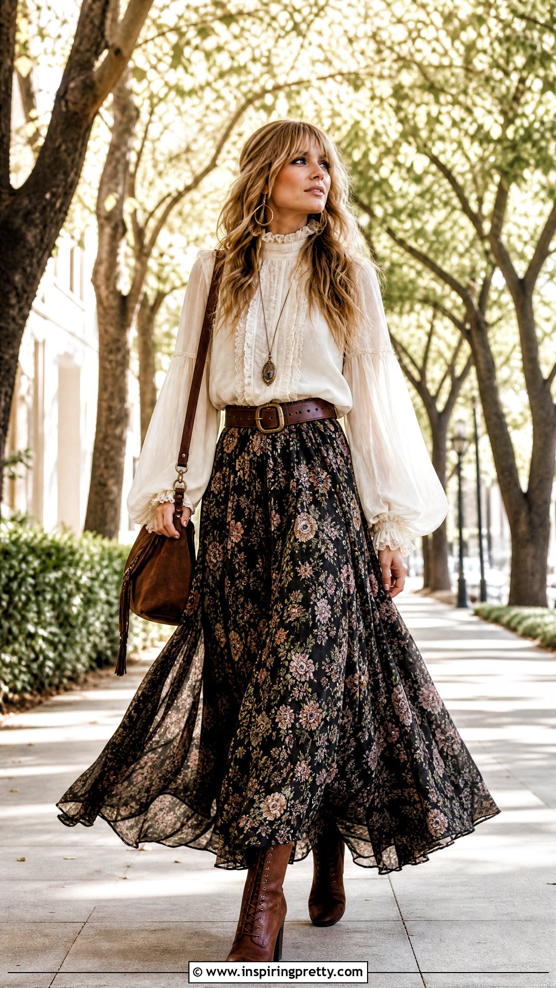 Ruffled High Neck Blouse With Floral Maxi Skirt - 20 Stevie Nicks Style Tops