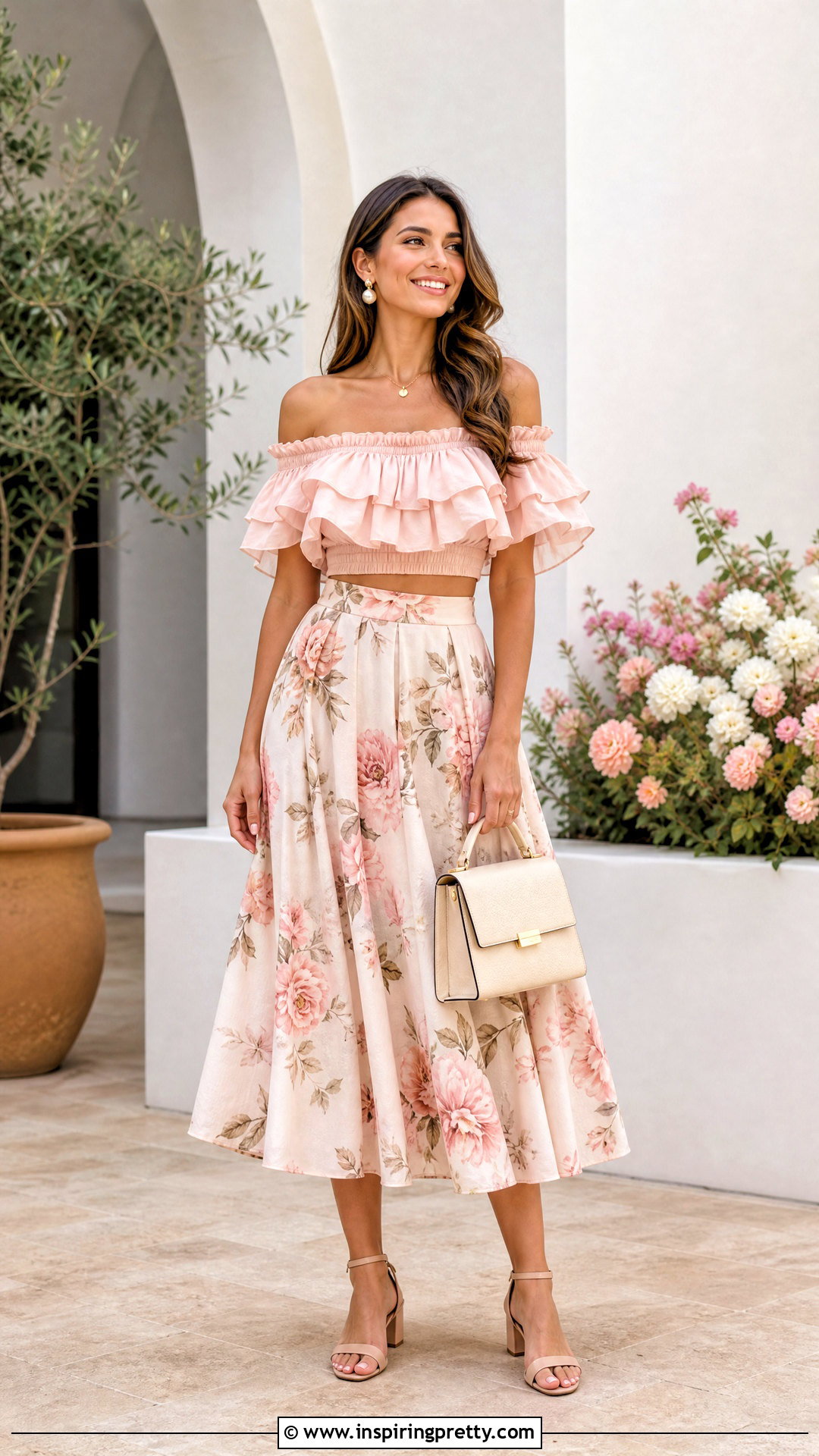 Ruffled Off Shoulder Crop Top With Midi Skirt - 50 off shoulder crop top outfit ideas