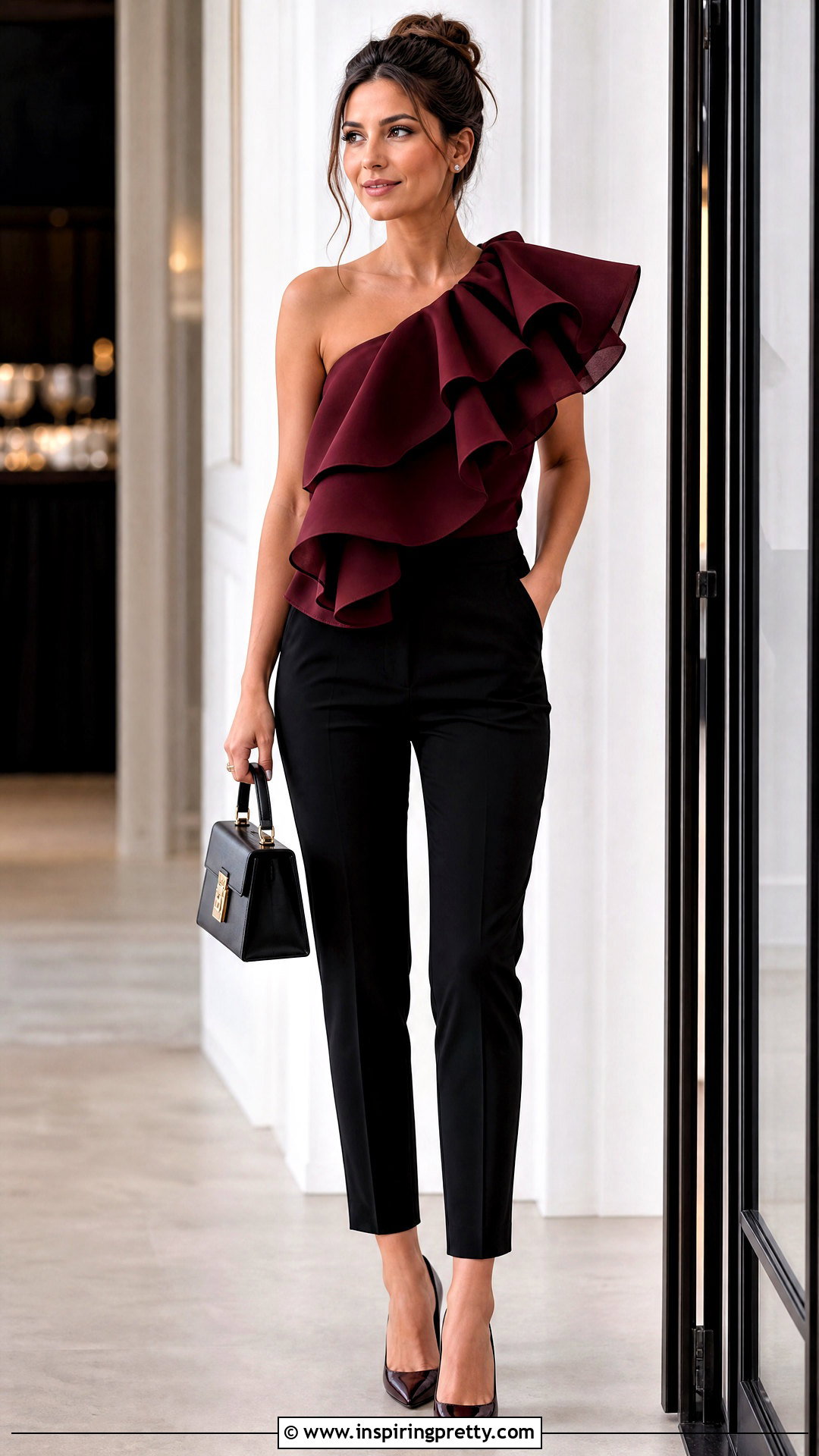 Ruffled One Shoulder Top With Slim Pants - 50 one side off shoulder top outfit ideas