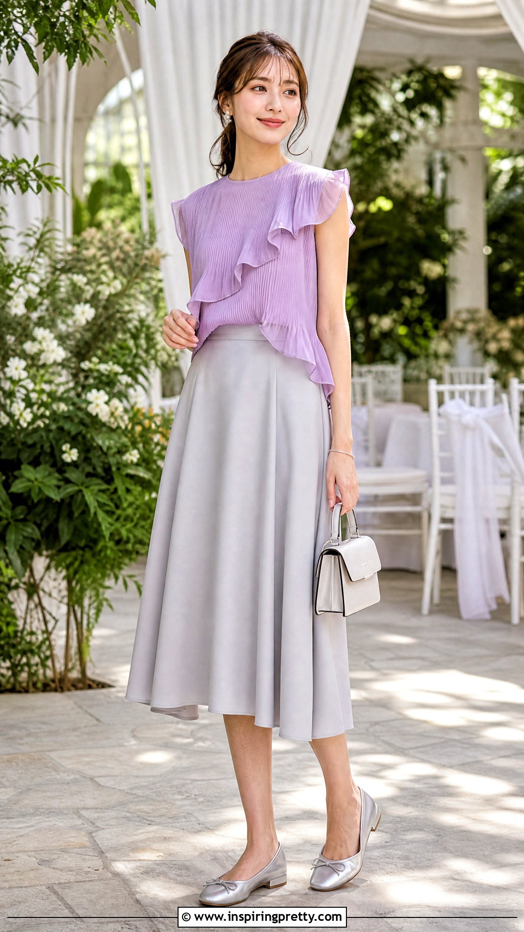 Ruffled Pleated Asymmetric Top With A Line Skirt - 20 ruffled pleated asymmetric top outfit ideas