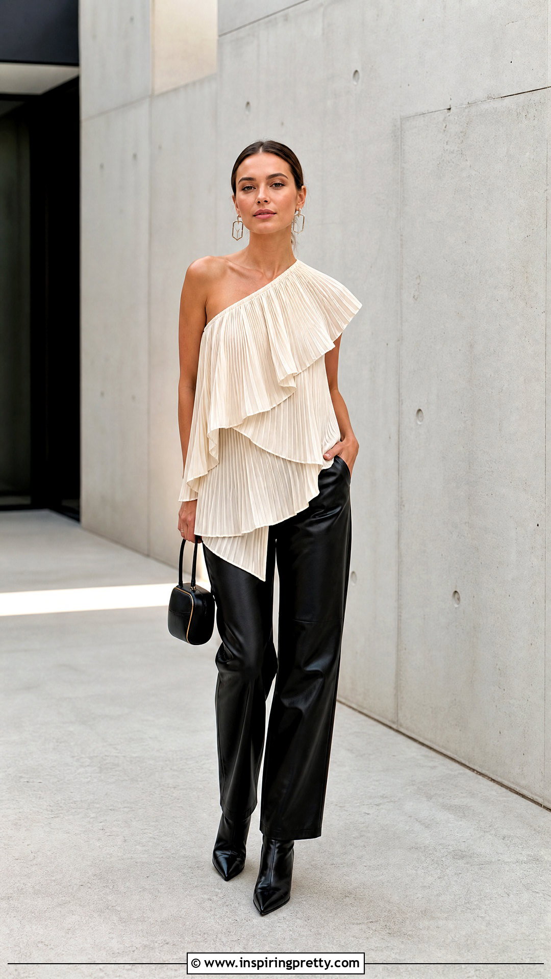 Ruffled Pleated Asymmetric Top With Leather Pants - 20 ruffled pleated asymmetric top outfit ideas