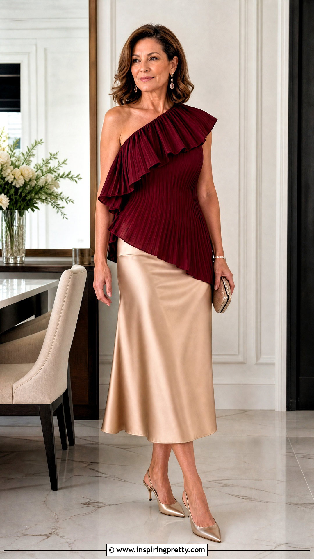 Ruffled Pleated Asymmetric Top With Satin Skirt - 20 ruffled pleated asymmetric top outfit ideas