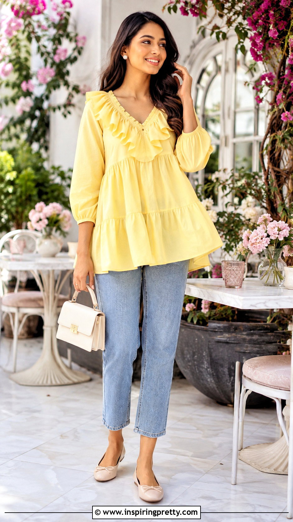 Ruffled Short Kurti With Cropped Jeans - 50 short kurti tops for jeans