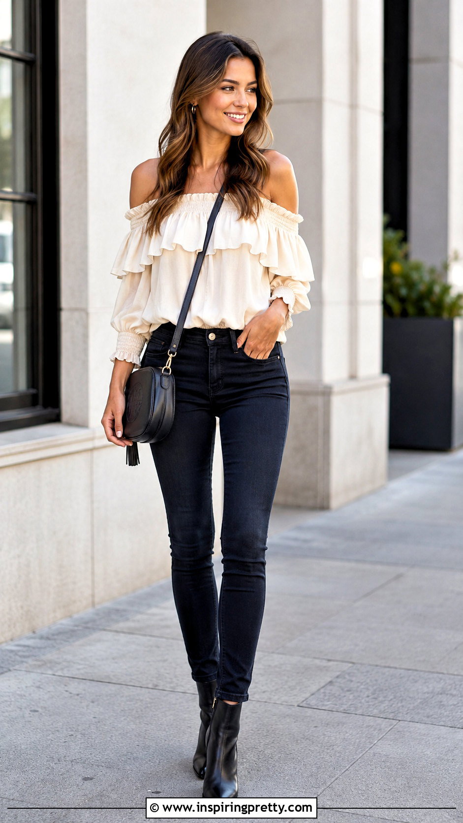 Ruffled Shoulderless Top With Skinny Jeans - 50 shoulderless top outfit ideas