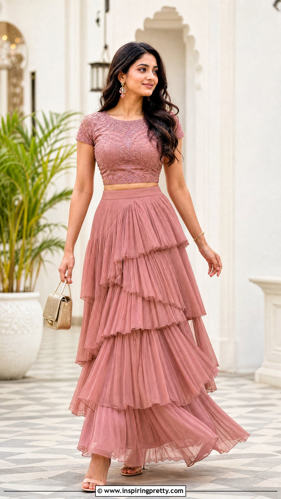 Ruffled Skirt With Fitted Embroidered Top - 50 skirt top indian outfit ideas