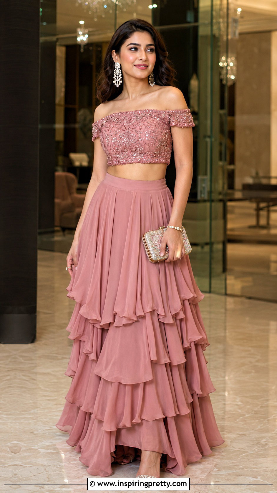 Ruffled Skirt With Off Shoulder Crop Top - 20 skirt with crop top indian outfit ideas