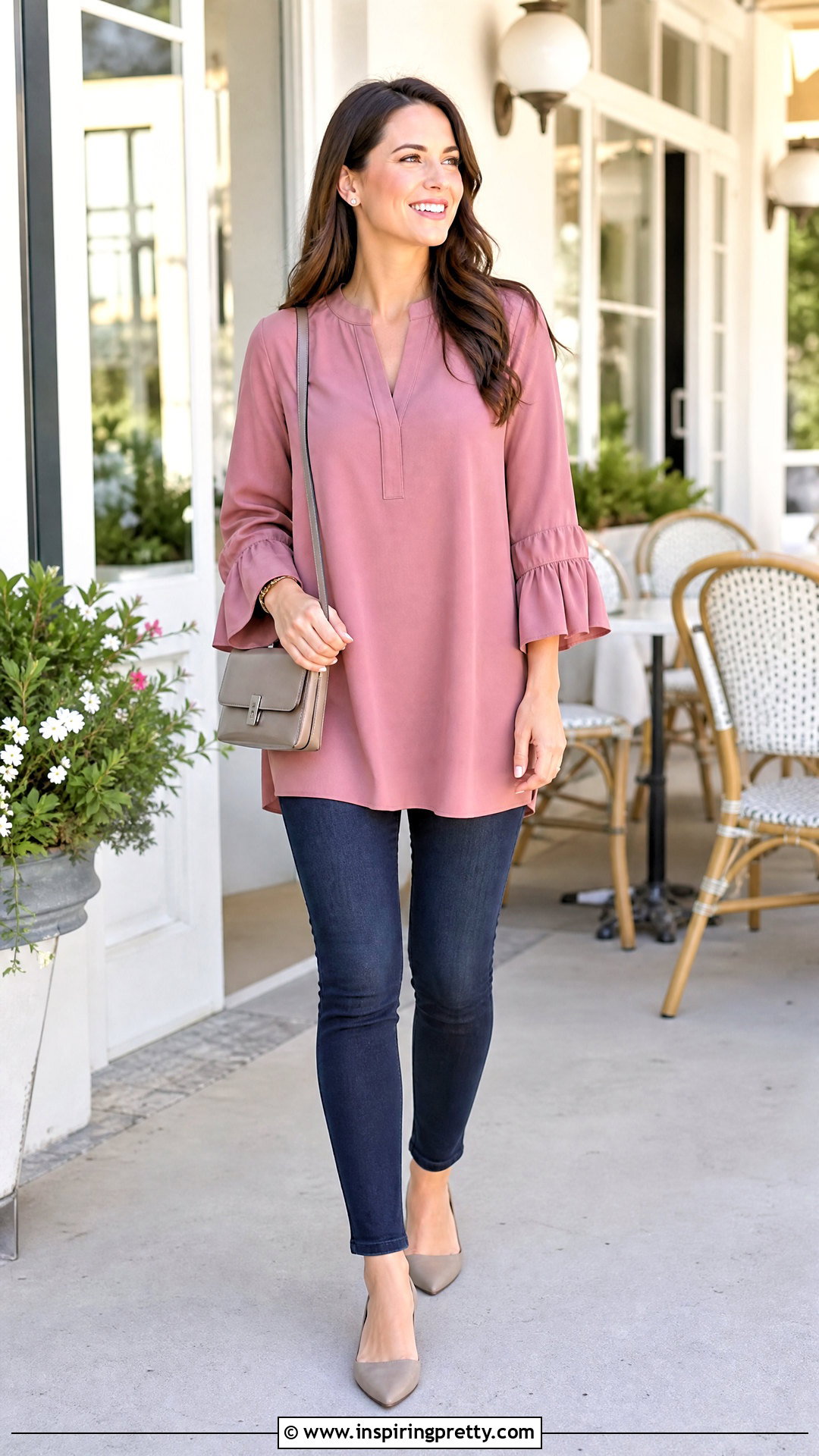 Ruffled Tunic Top With Slim Ankle Jeans - 50 stylish tunic tops outfit ideas