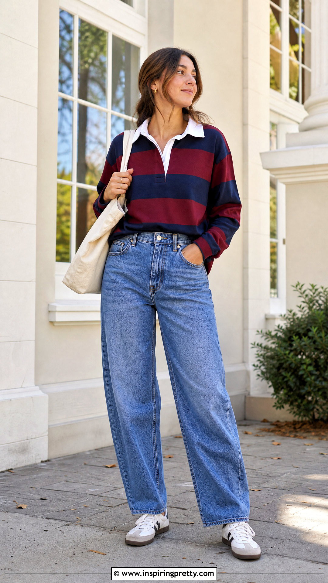 Rugby Autumn Top With Barrel Leg Jeans - 50 autumn tops outfit ideas