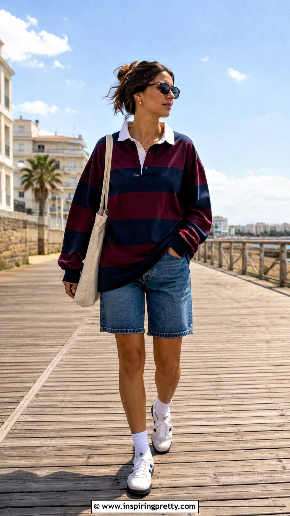 Rugby Polo Top With Denim Shorts And Retro Sneakers - 50 polo top outfit women