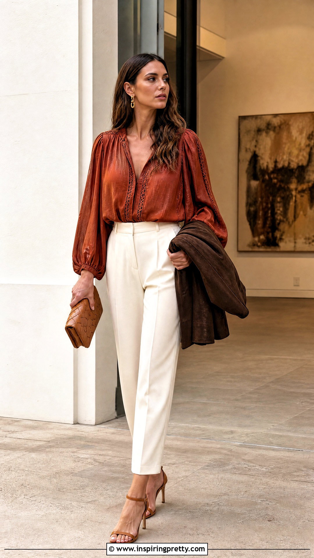 Rust Boho Going Out Top With Cream Trousers - 25 boho going out tops outfit ideas