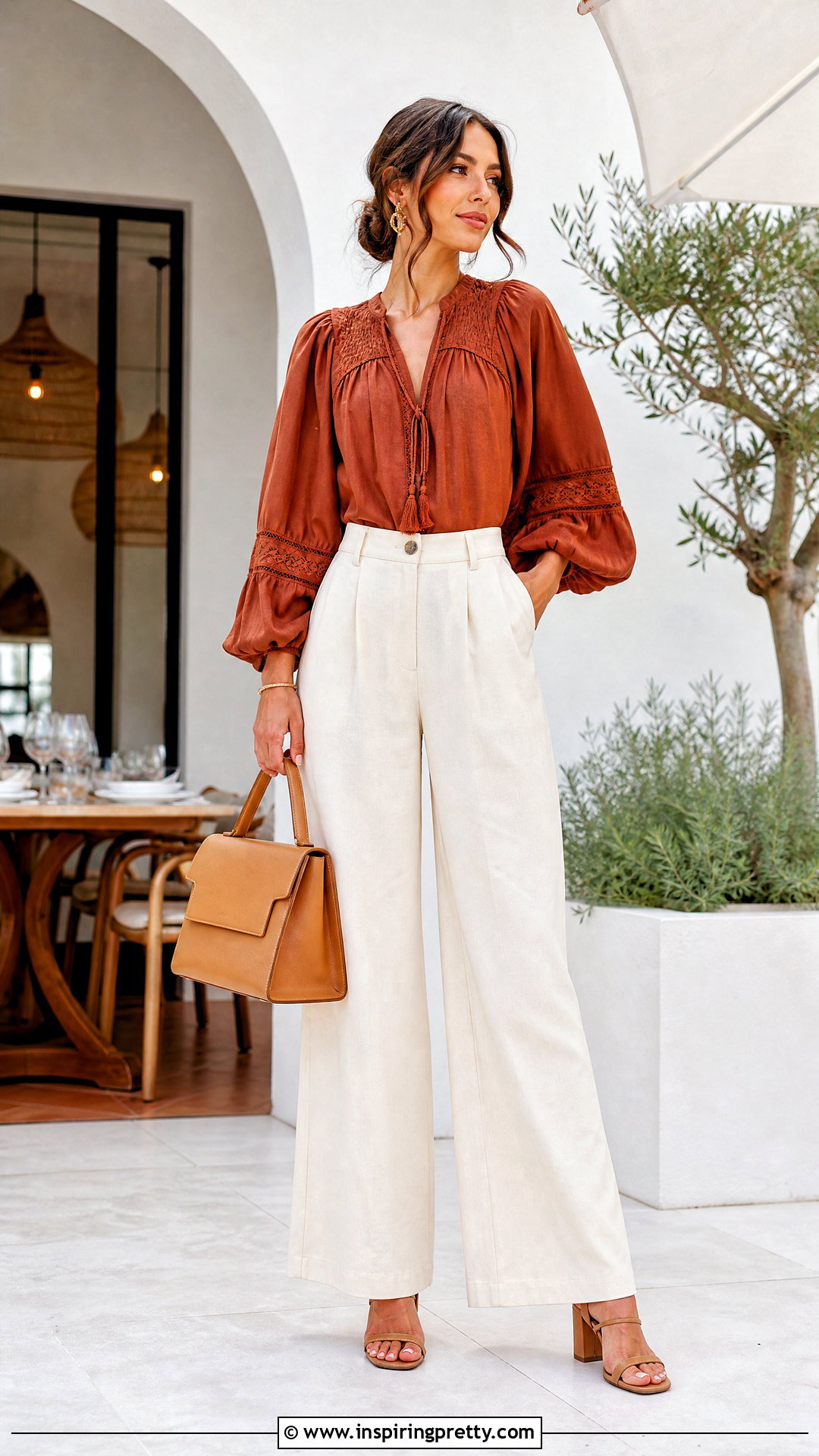 Rust Boho Top With Cream Pants - 50 boho tops outfit ideas