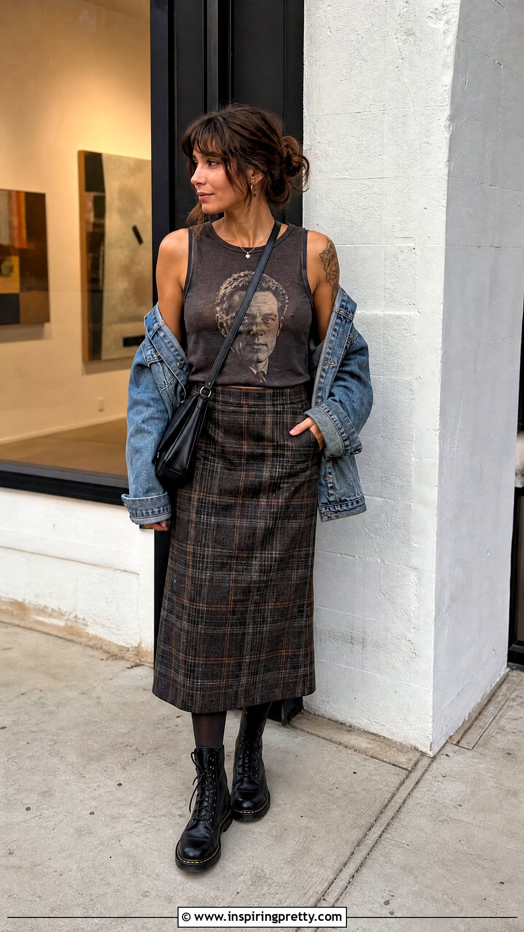 Rust Cohle Tank Top With Plaid Skirt And Combat Boots - 20 Rust Cohle Tank Top outfit ideas