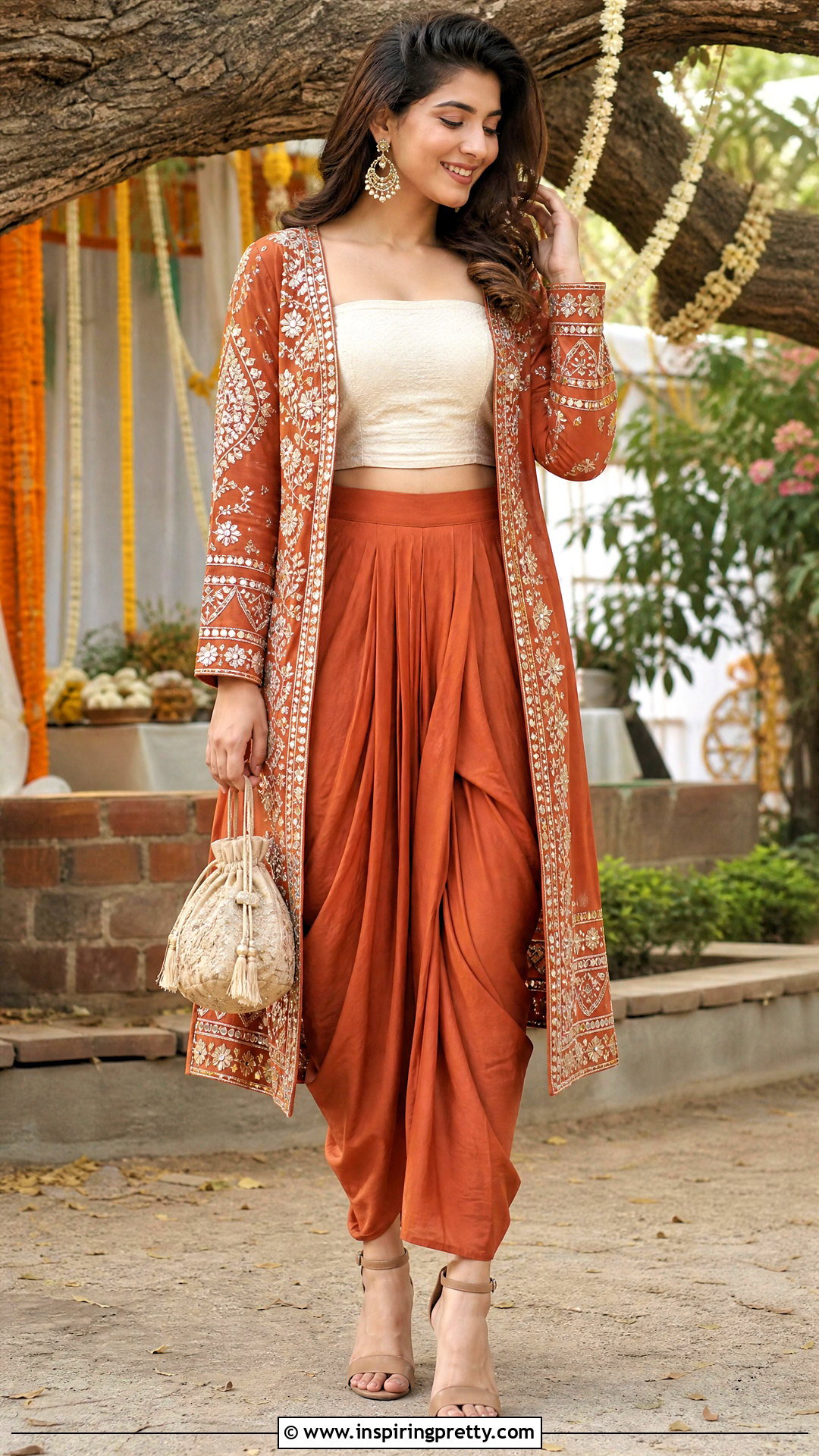 Rust Dhoti Skirt With Cream Crop Top And Embroidered Jacket - 25 dhoti skirt with crop top and jacket outfit ideas