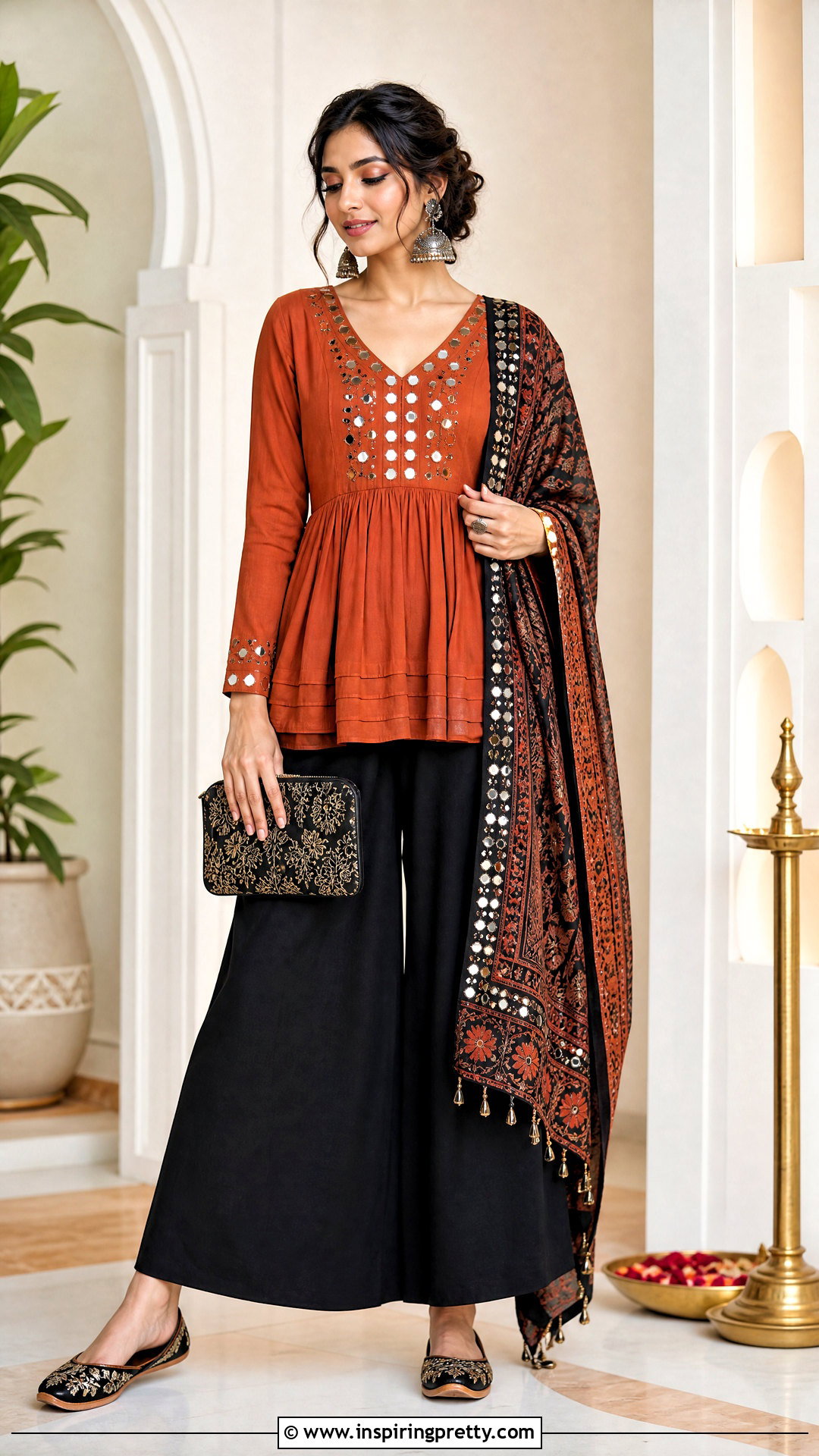 Rust Indian Peplum Top With Black Palazzo Pants - 50 indian peplum top outfits