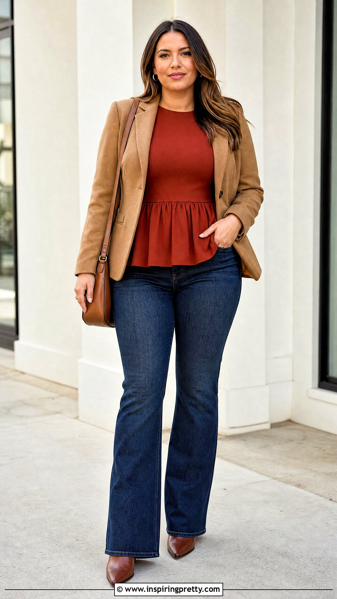 Rust Peplum Autumn Top With Dark Wash Jeans - 50 autumn tops outfit ideas