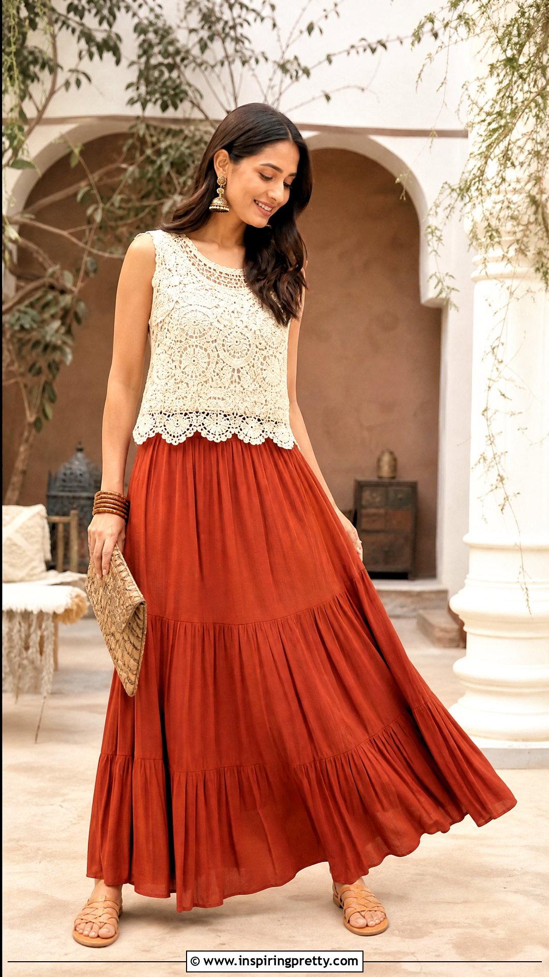 Rust Skirt With Ivory Crochet Top - 50 skirt top indian outfit ideas
