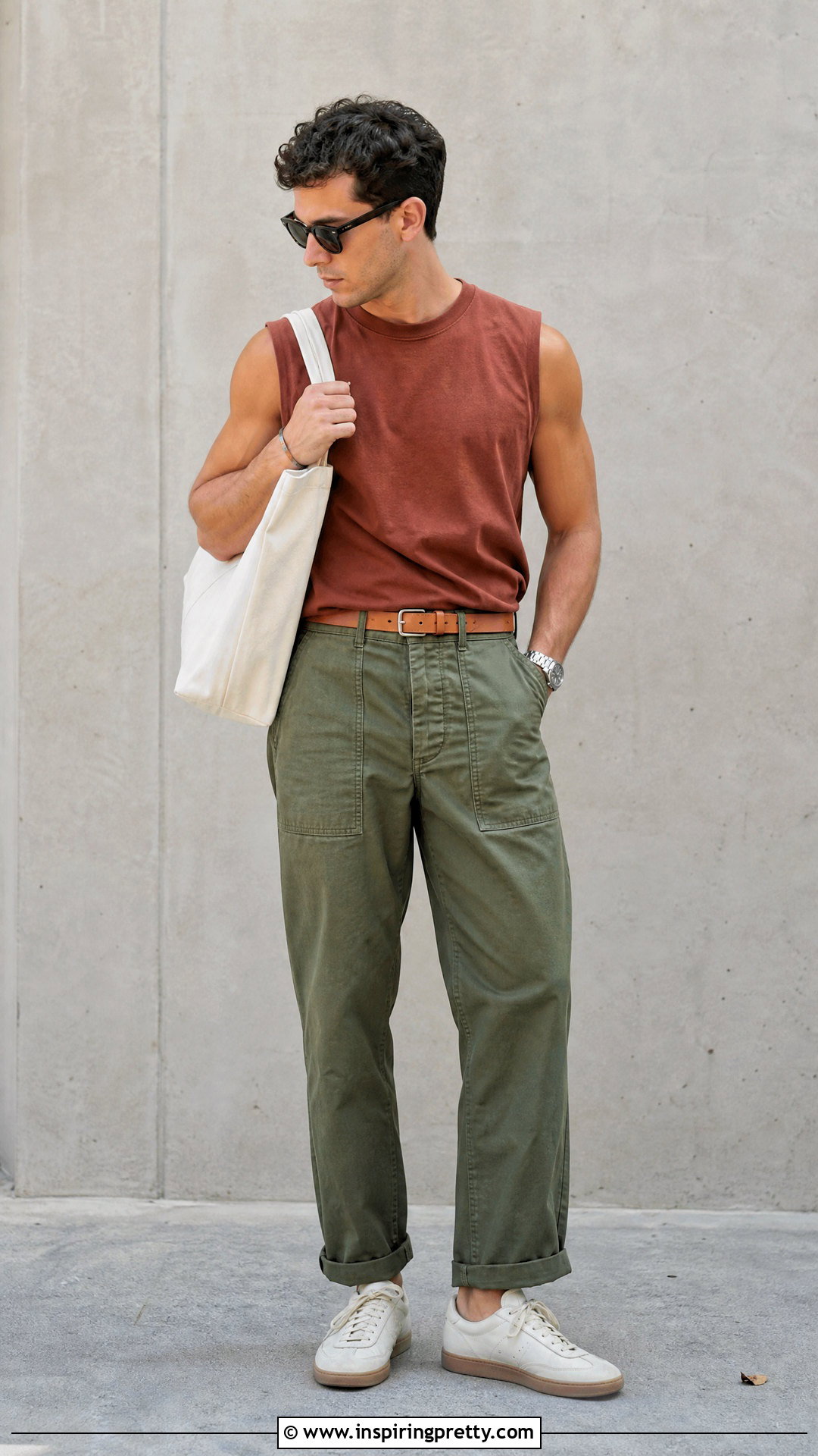 Rust Sleeveless Top With Olive Pants - 50 sleeveless top outfit men ideas