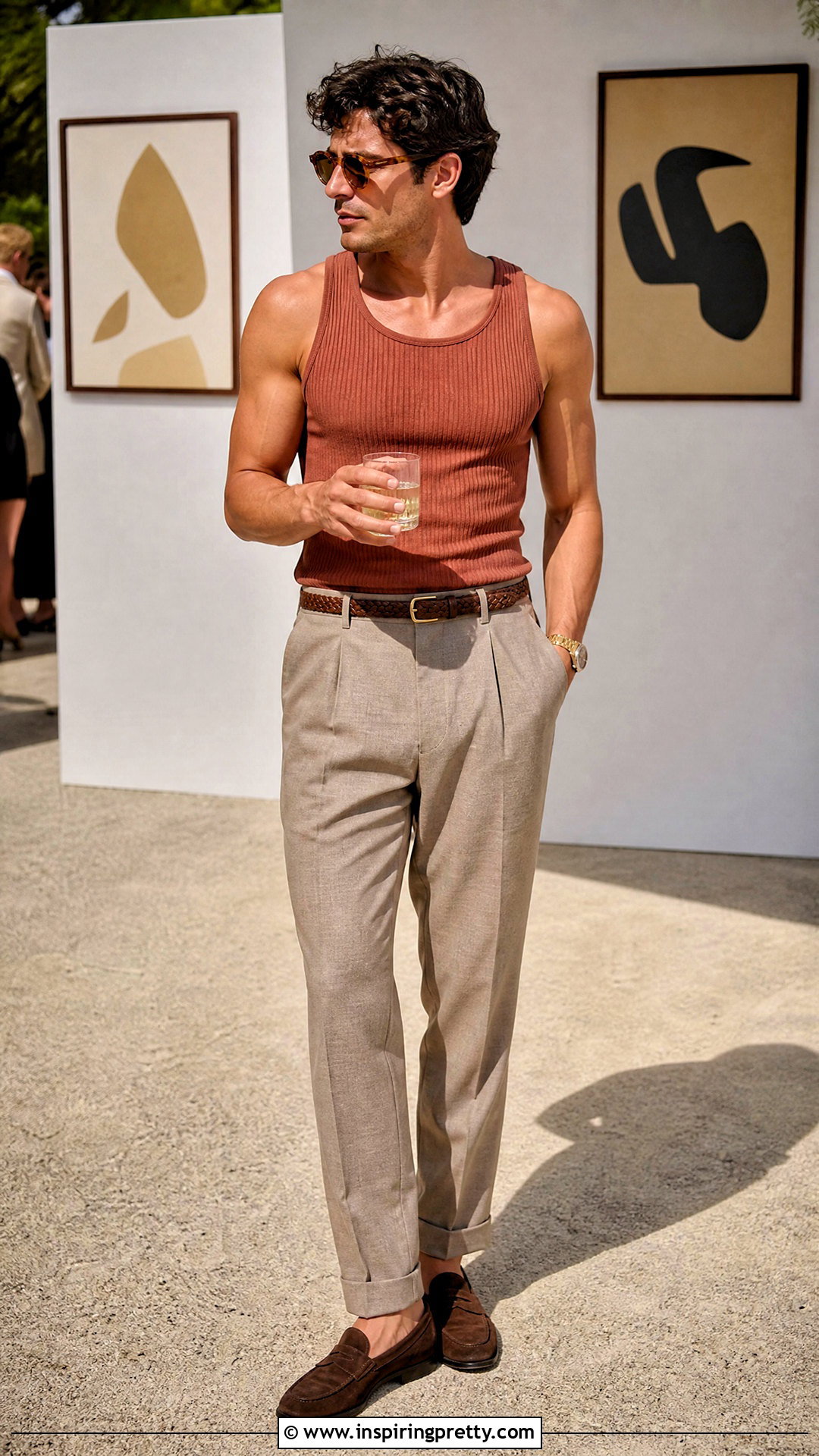 Rust Tank Top With Stone Dress Pants And Suede Shoes - 25 Tank Top And Dress Pants Men