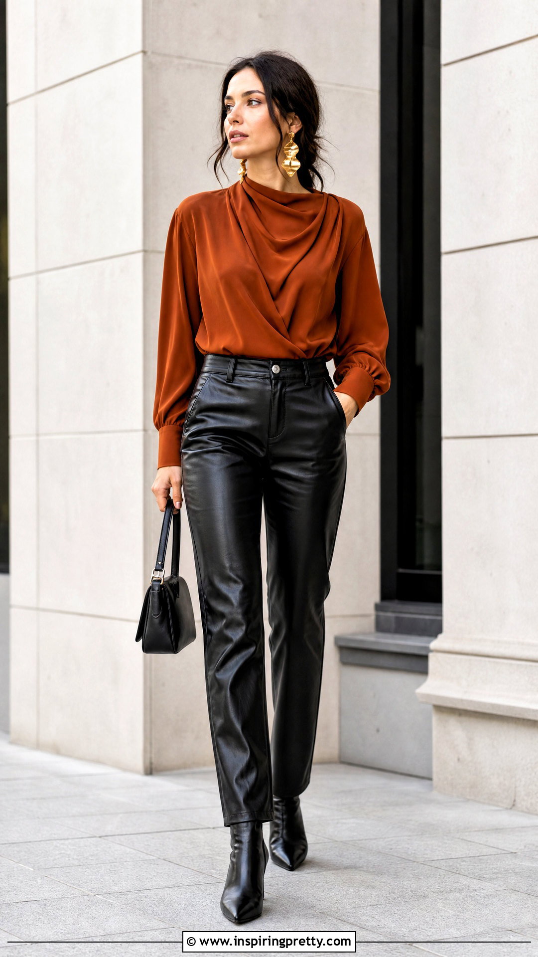 Rust Top With Black Leather Pants - 25 Rust Top Outfit Ideas