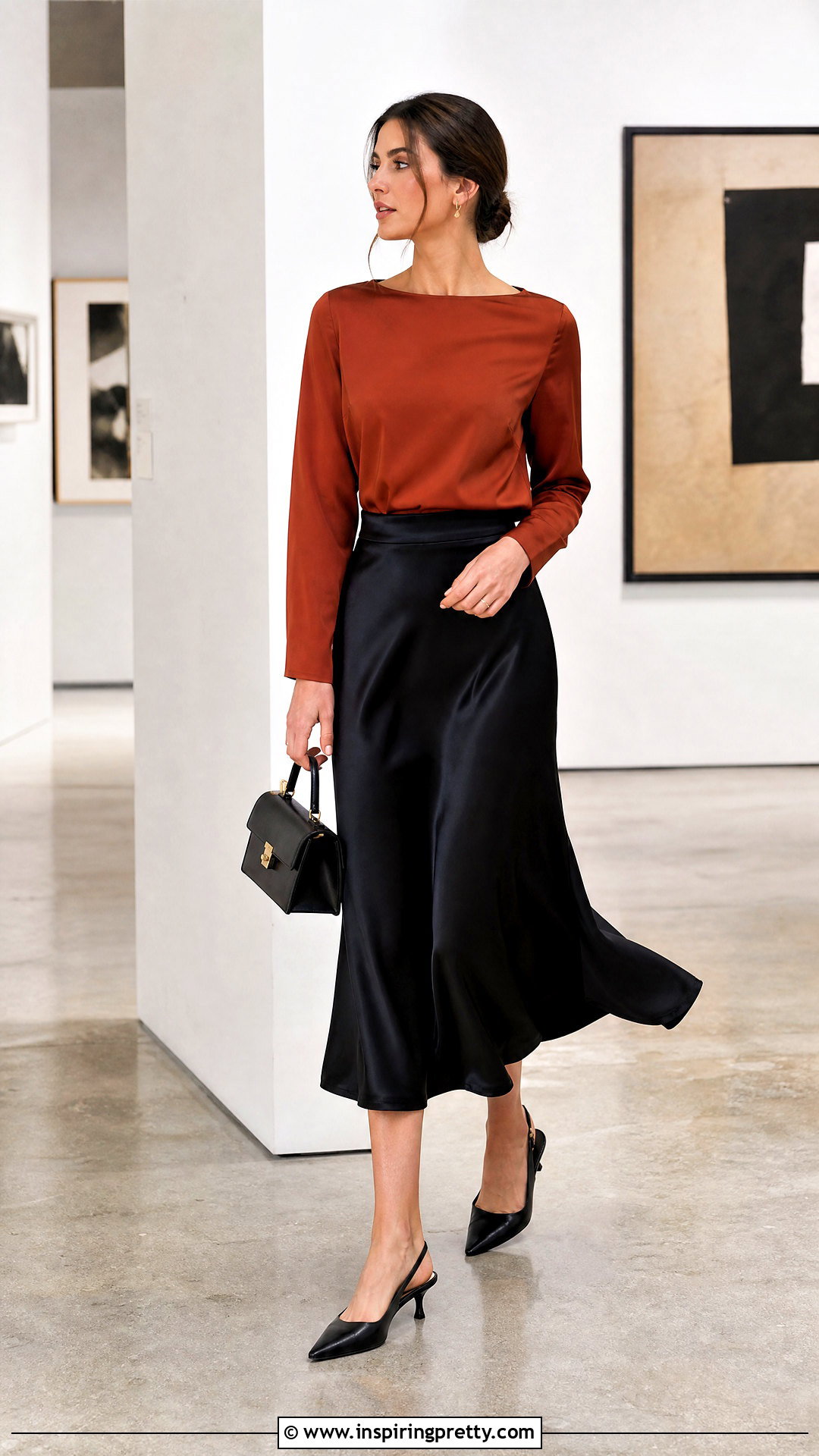 Rust Top With Black Satin Skirt - How To Style Rust Tops (20 Ways)