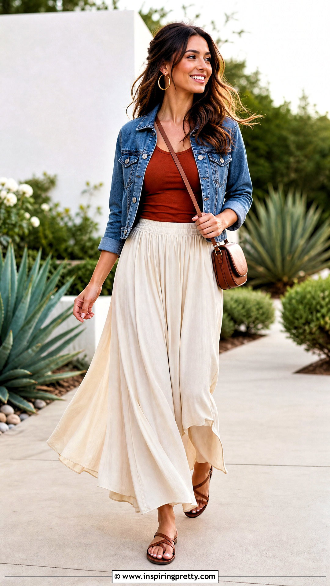 Rust Top With Denim Jacket And Maxi Skirt - How To Style Rust Tops (20 Ways)