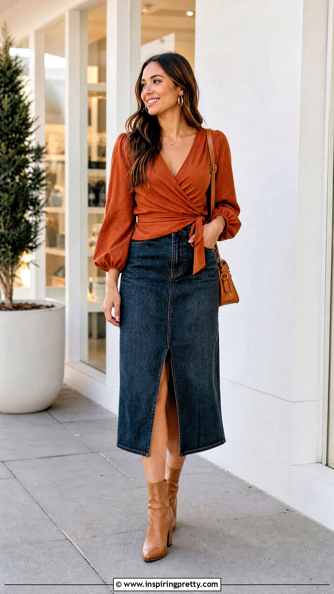 Rust Top With Denim Midi Skirt - 25 Rust Top Outfit Ideas