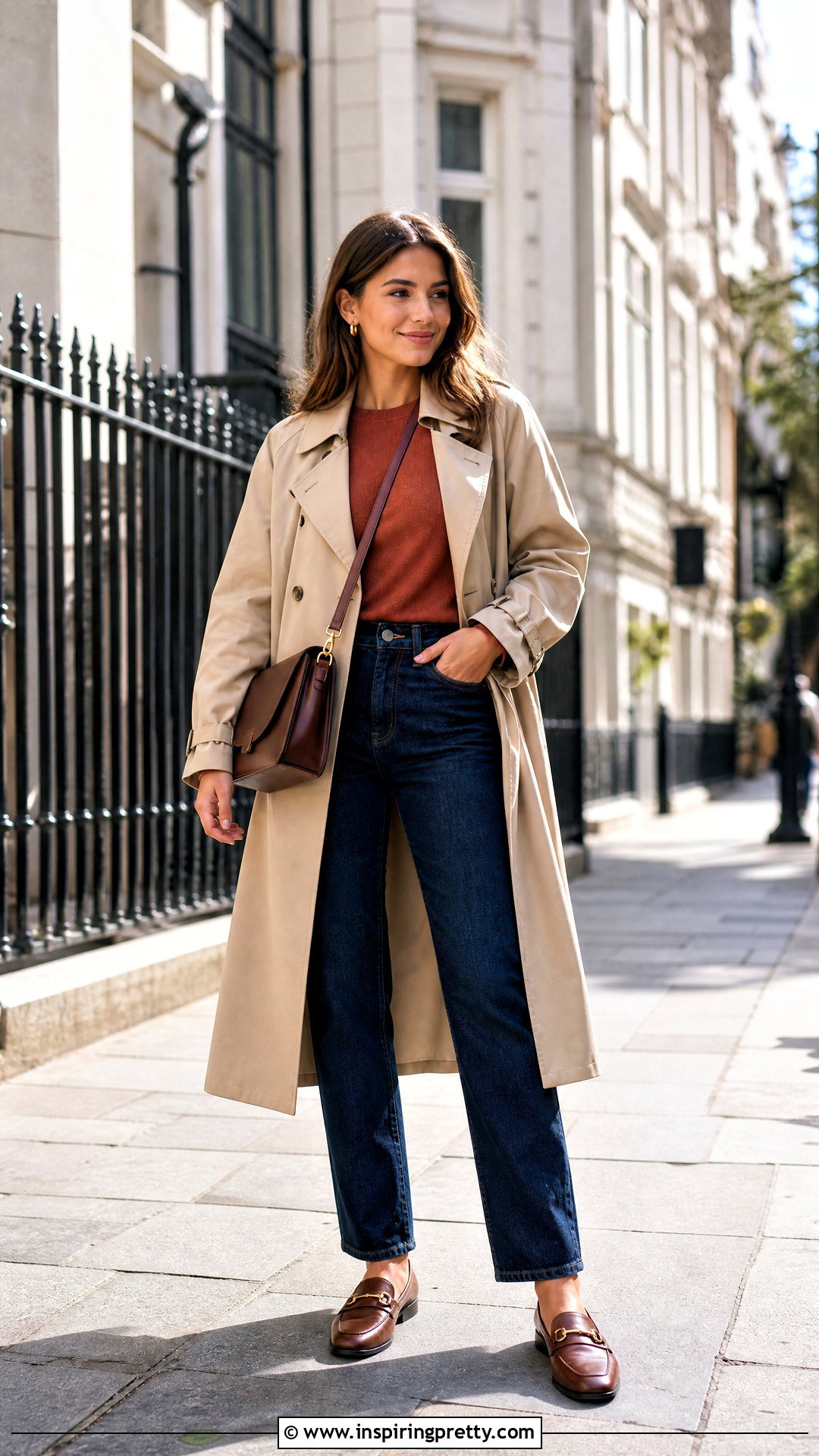 Rust Top With Trench Coat And Straight Jeans - 25 Rust Top Outfit Ideas