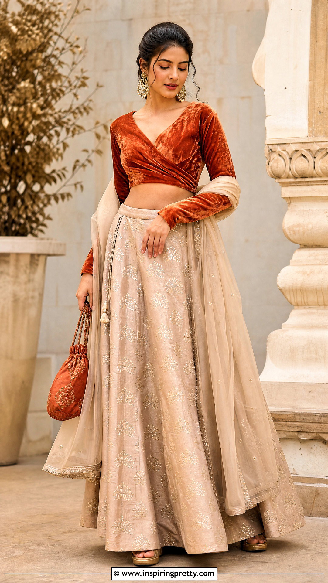 Rust Velvet Crop Top With Beige Lehenga - 50 velvet crop top designs for lehengas