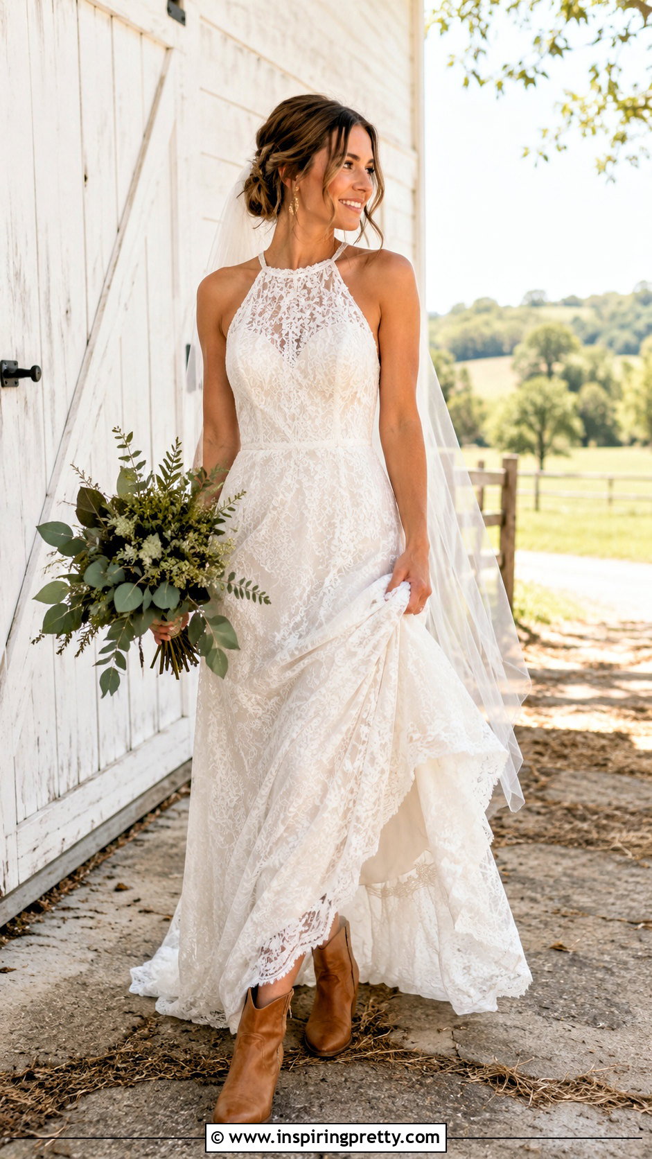 Rustic Halter Wedding Dress With Leather Boots - 50 halter top wedding dress outfit ideas