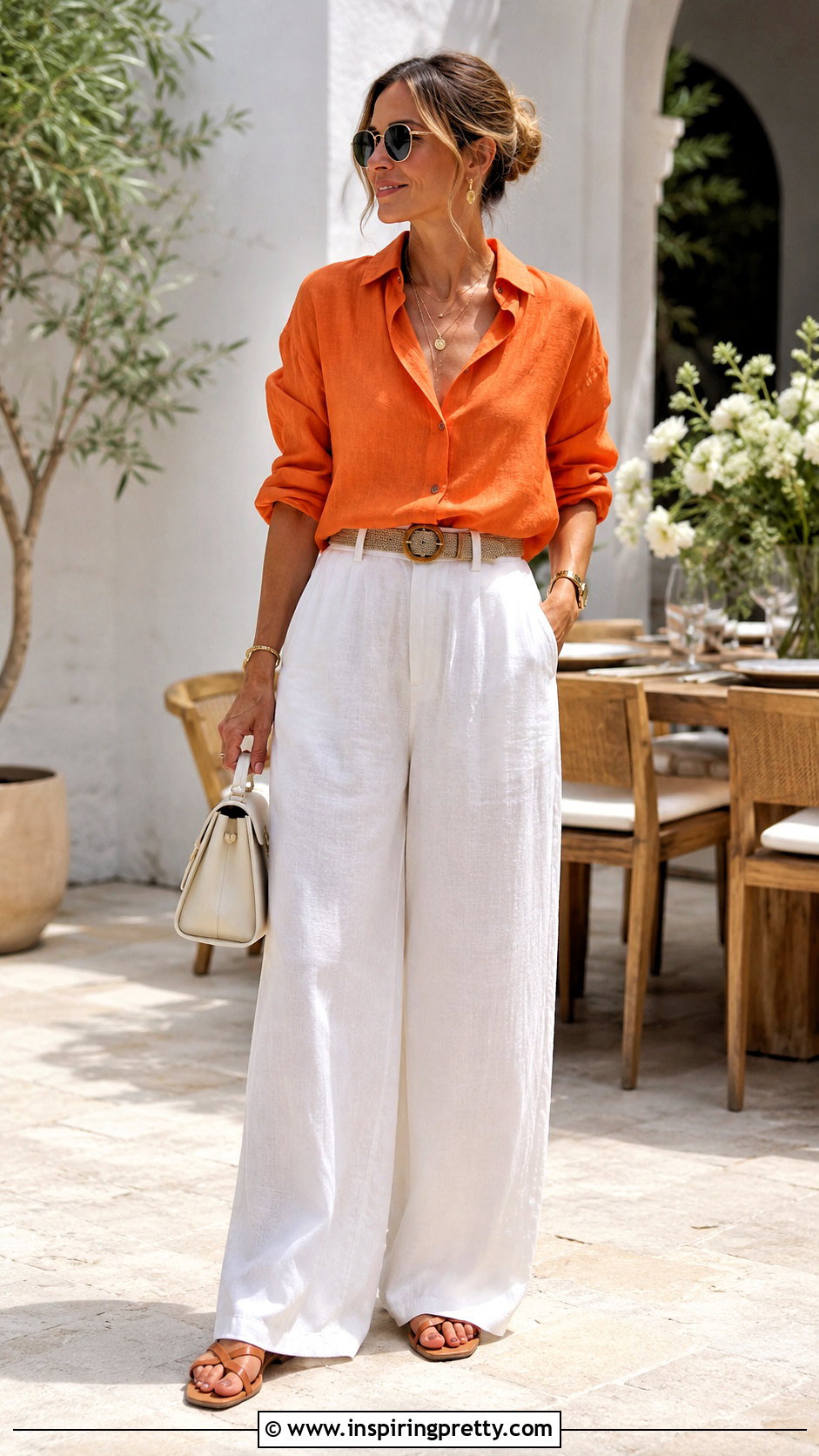 Rustic Orange Blouse With White Wide Leg Pants - 20 rustic orange fashion top outfit ideas