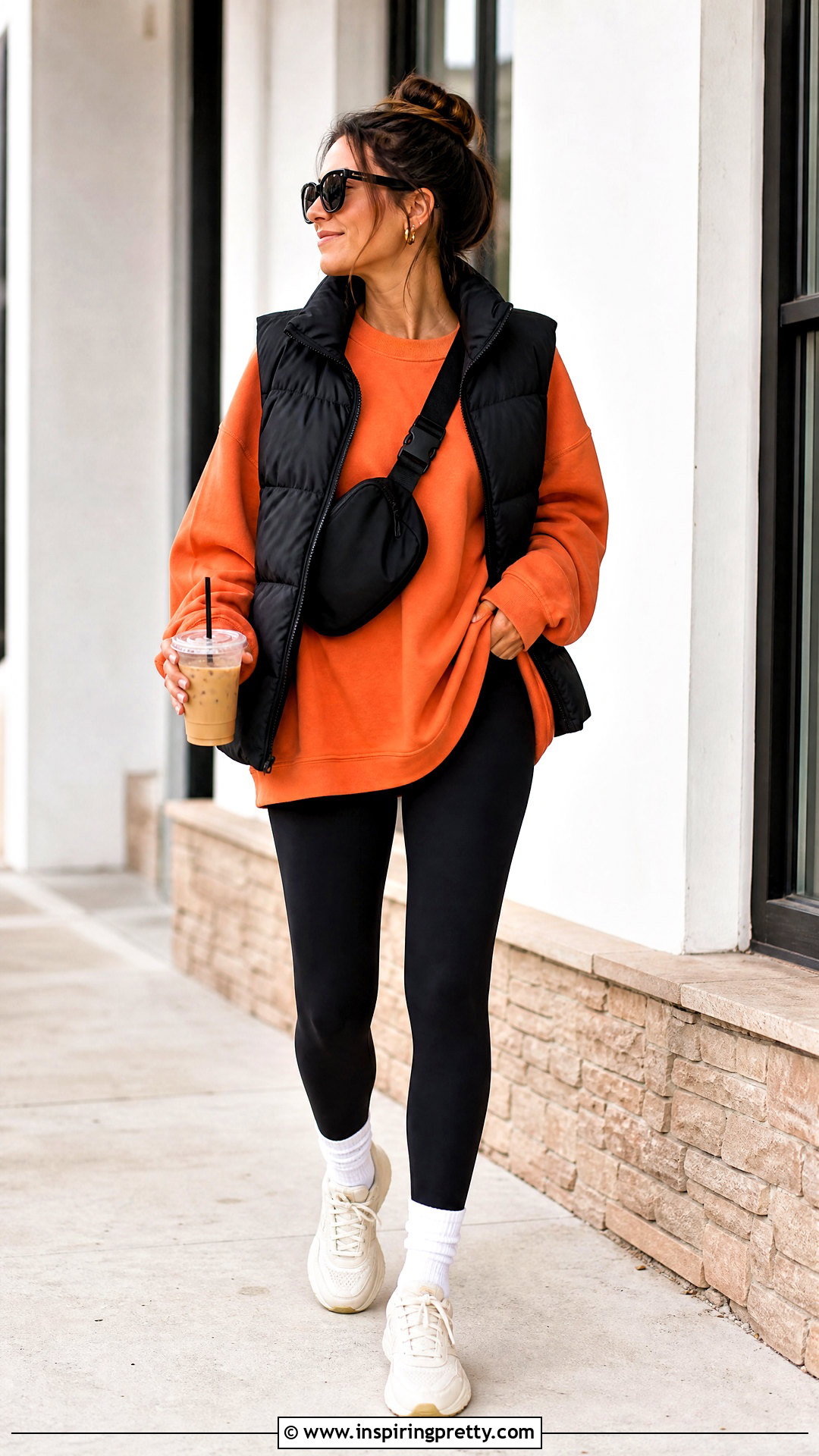 Rustic Orange Sweatshirt With Black Leggings - 20 rustic orange fashion top outfit ideas