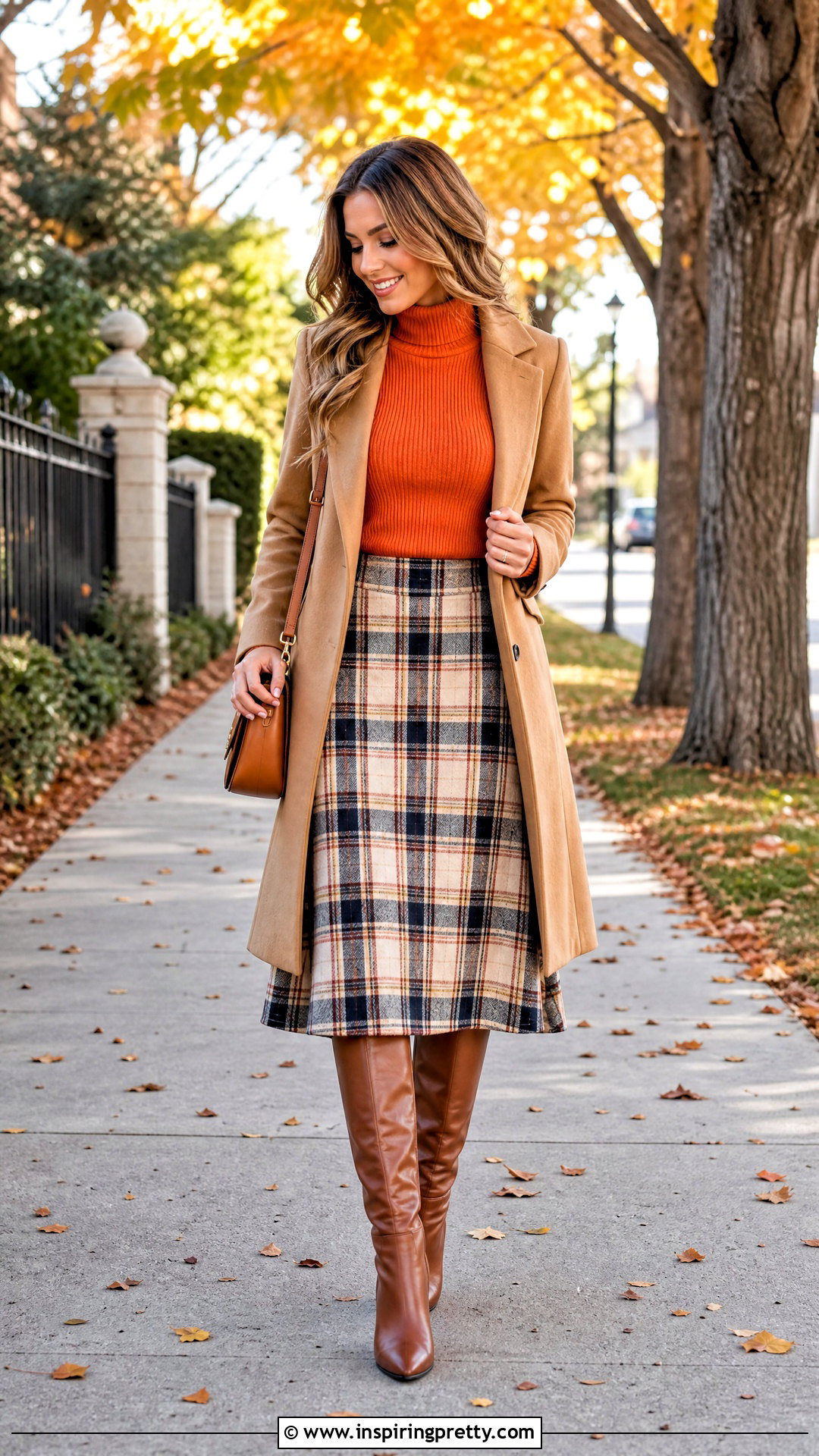 Rustic Orange Top With Plaid Midi Skirt - 20 rustic orange fashion top outfit ideas