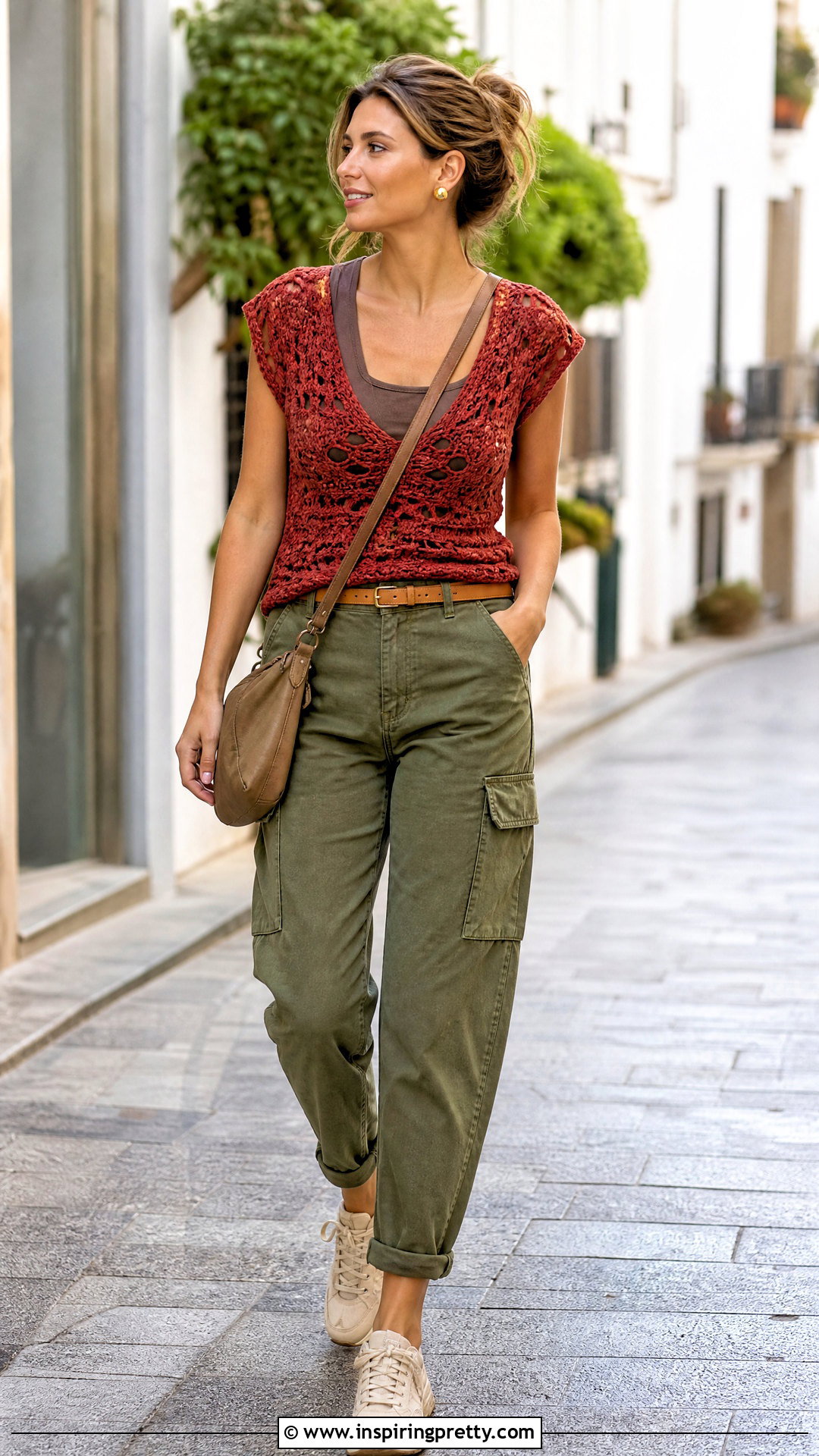 Rustic Red Crochet Top With Olive Cargo Pants - 20 rustic red crochet top outfit ideas