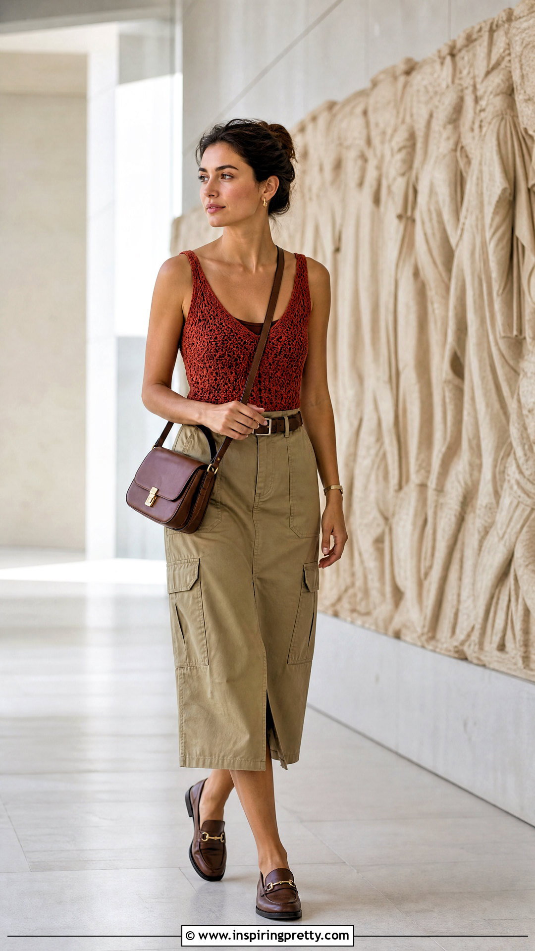 Rustic Red Crochet Top With a Khaki Midi Skirt - 20 rustic red crochet top outfit ideas