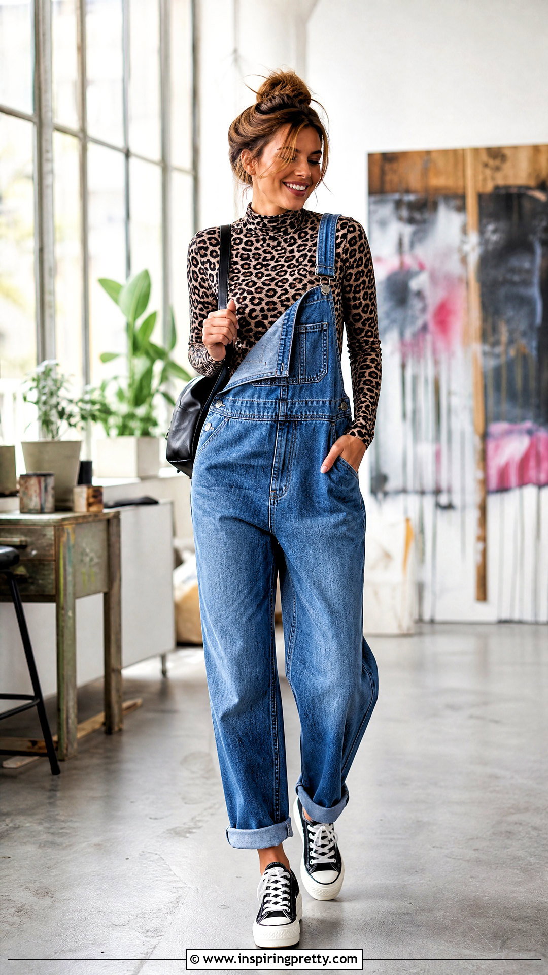 SHEIN Cheetah Print Top With Denim Overalls - 20 shein cheetah print top outfit ideas