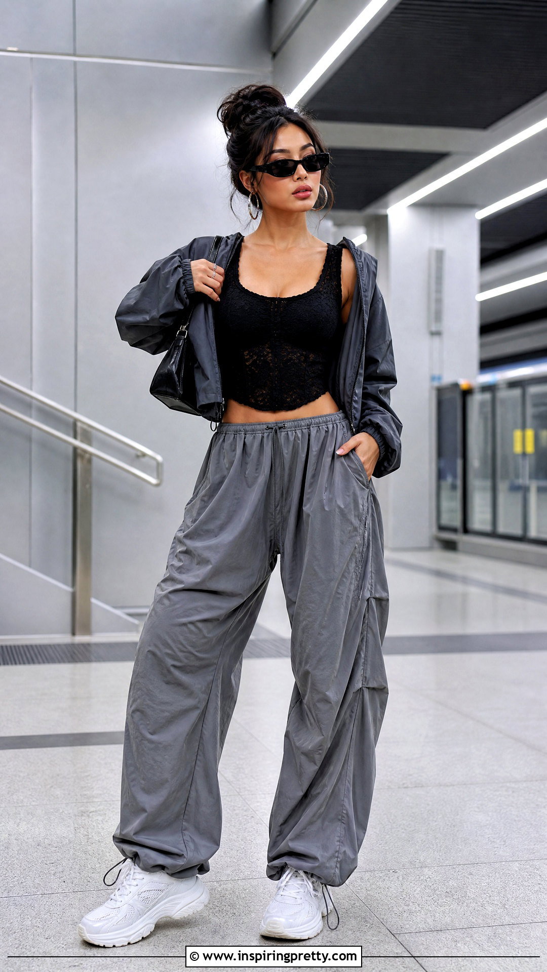 SHEIN Lace Tank Top With Parachute Pants - 20 shein lace tank top outfit ideas