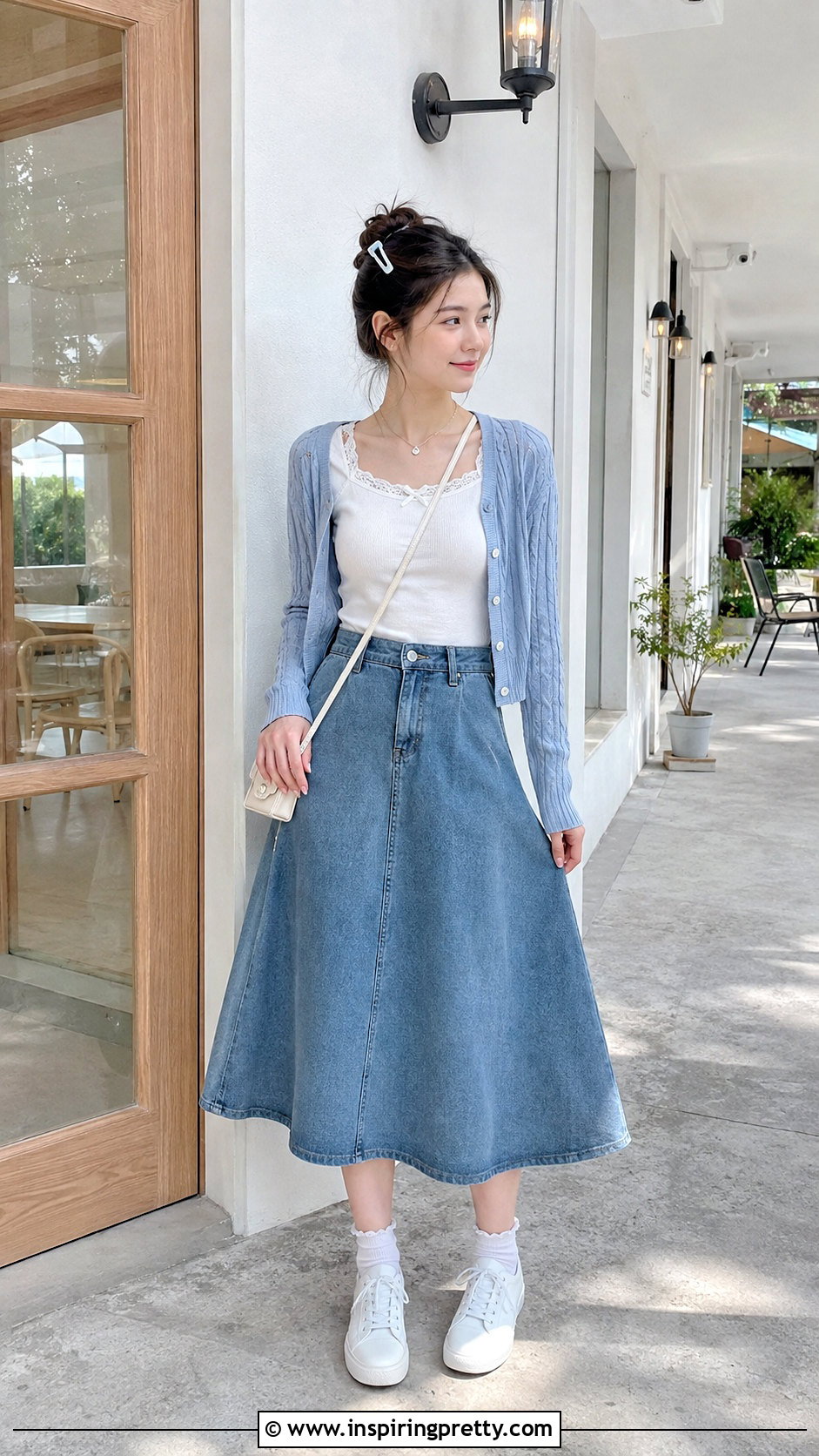 SHEIN Lace Trim Tee With Denim Skirt - 25 shein tops for teens