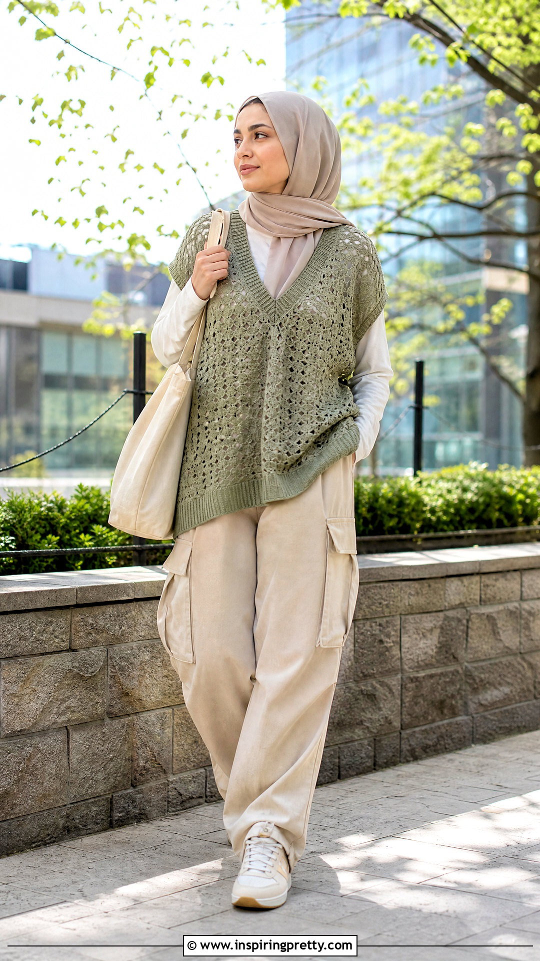 Sage Crochet Top With Cargo Pants - 25 crochet top hijabi outfit ideas