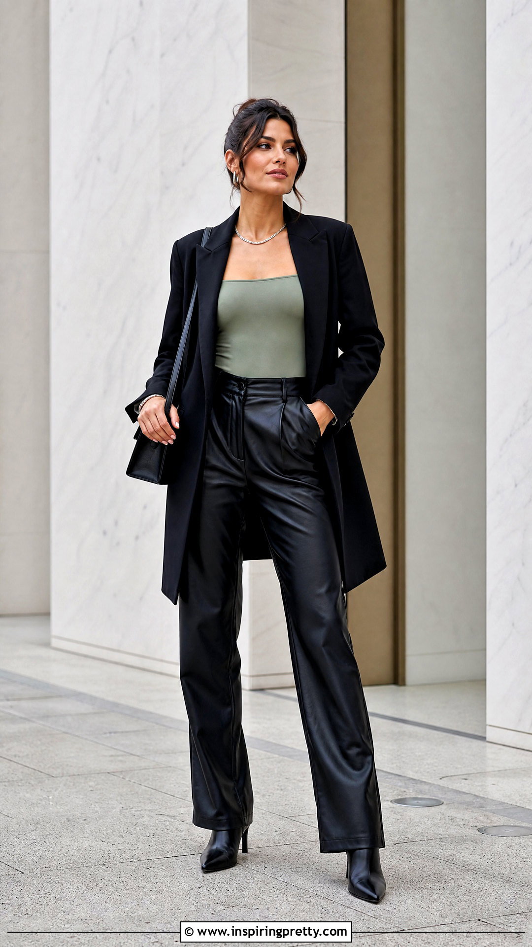 Sage Green Bodysuit With Black Leather Pants - 20 Sage Green Fashion Top outfit ideas