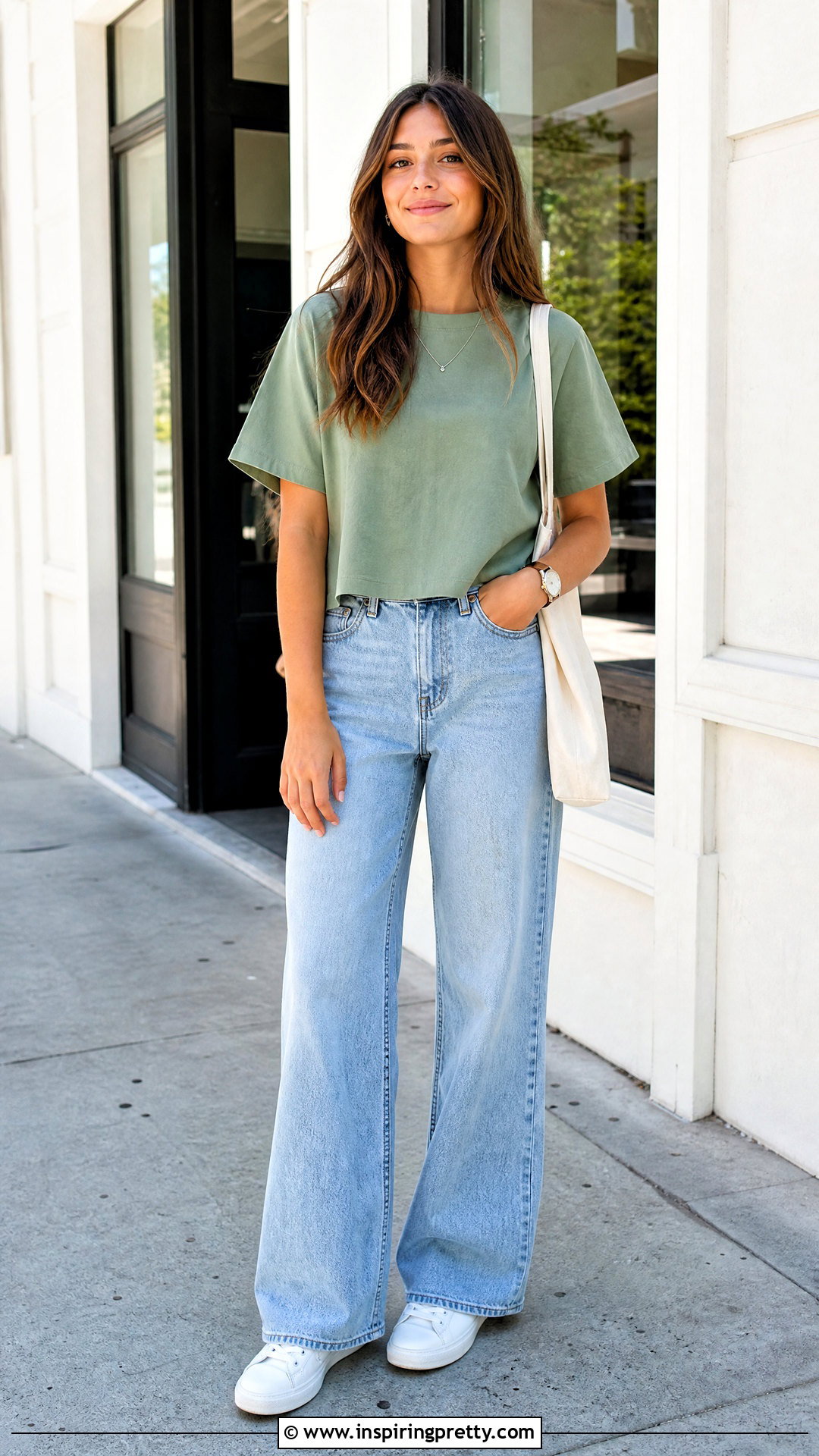Sage Green Boxy Cotton Top With Wide Jeans - 25 Girls Cotton Top Design For Jeans
