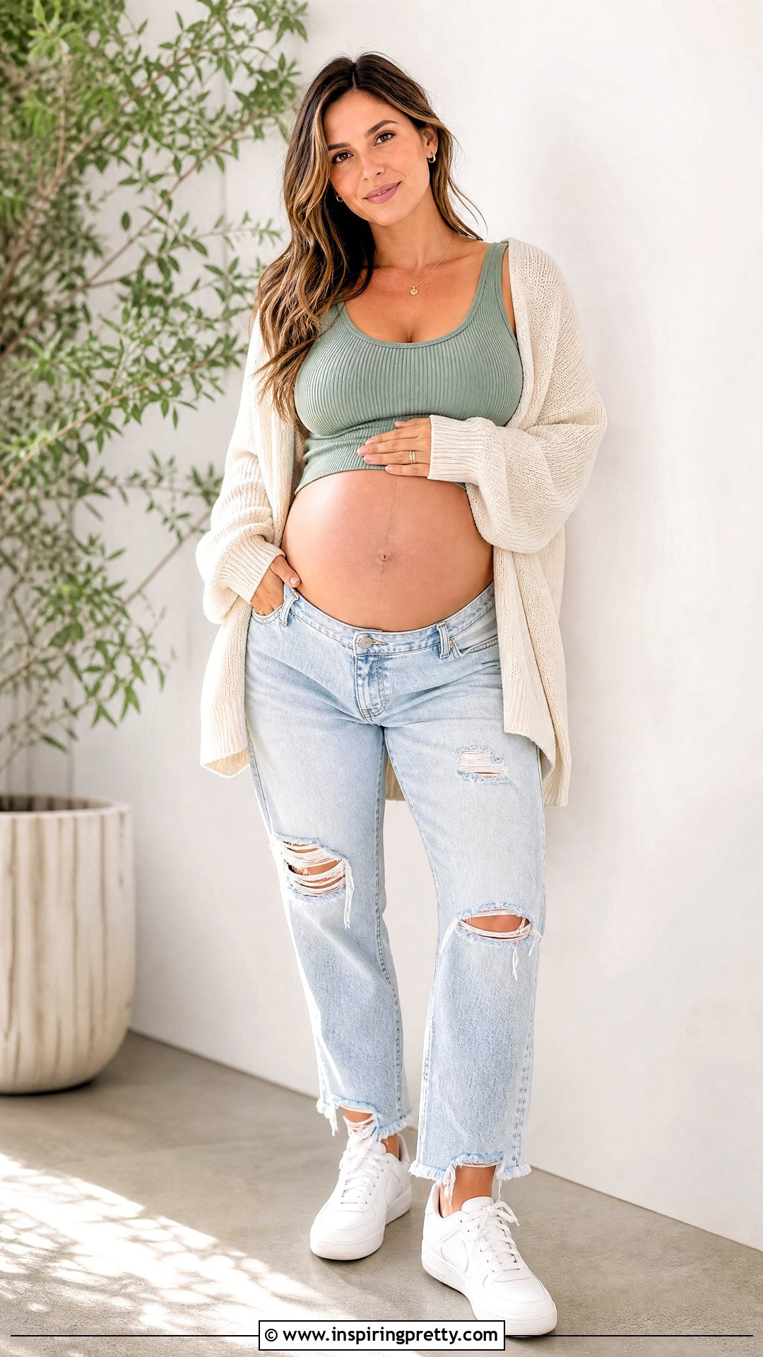 Sage Green Crop Top And Distressed Jeans Maternity Shoot - 20 crop top and jeans maternity shoots