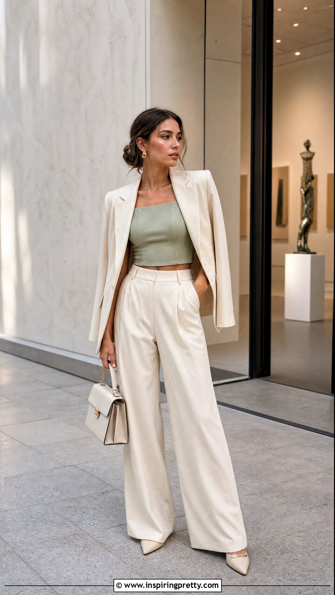 Sage Green Crop Top With High Waisted Trousers - 20 Sage Green Fashion Top outfit ideas