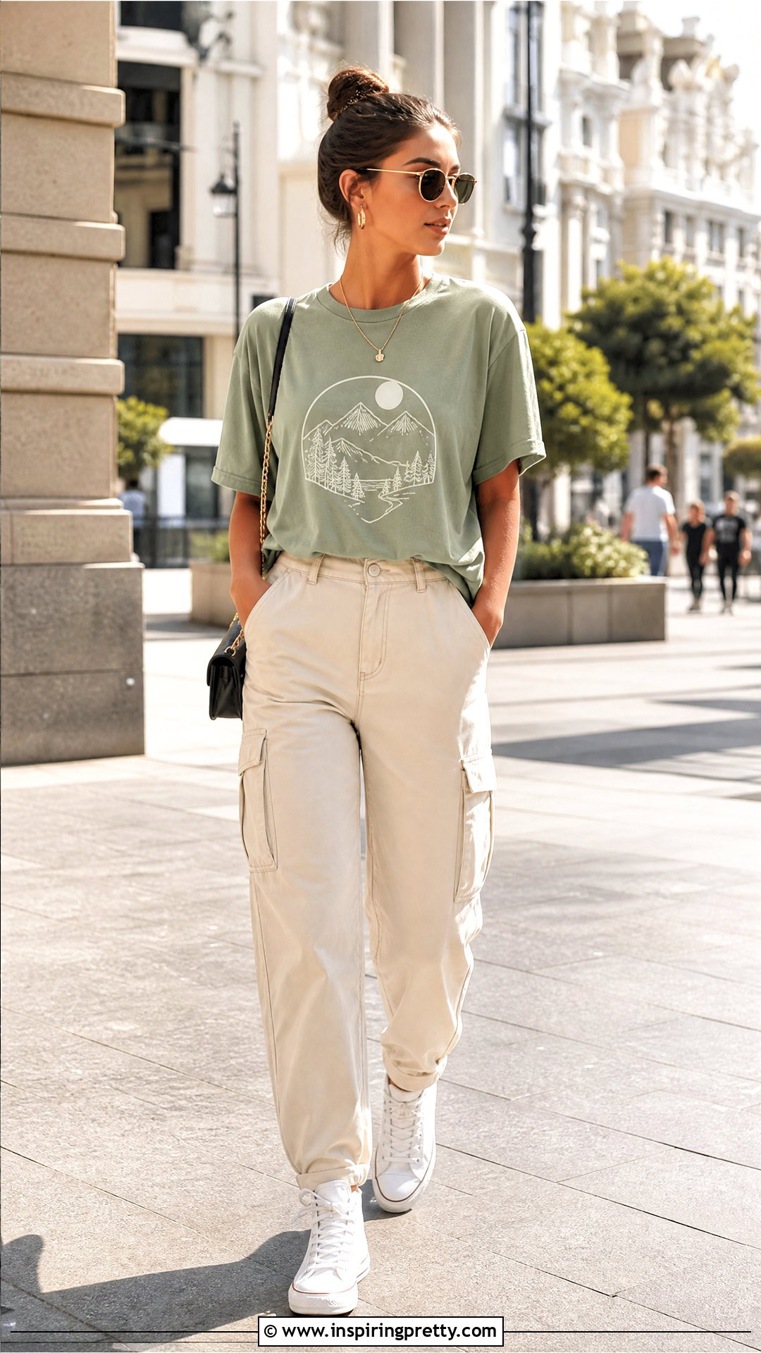 Sage Green Graphic Tee With Cargo Pants - 20 Sage Green Fashion Top outfit ideas