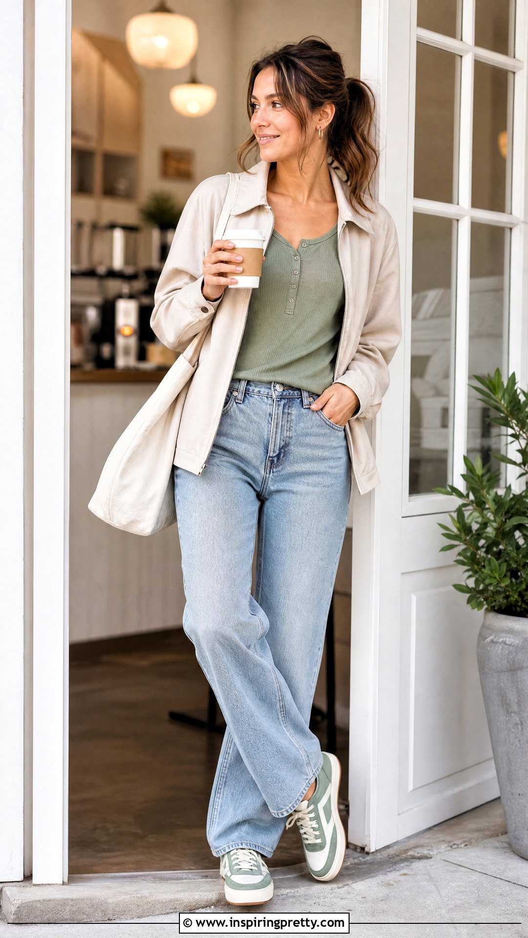 Sage Green Henley With Relaxed Jeans - 50 green top and jeans outfit ideas