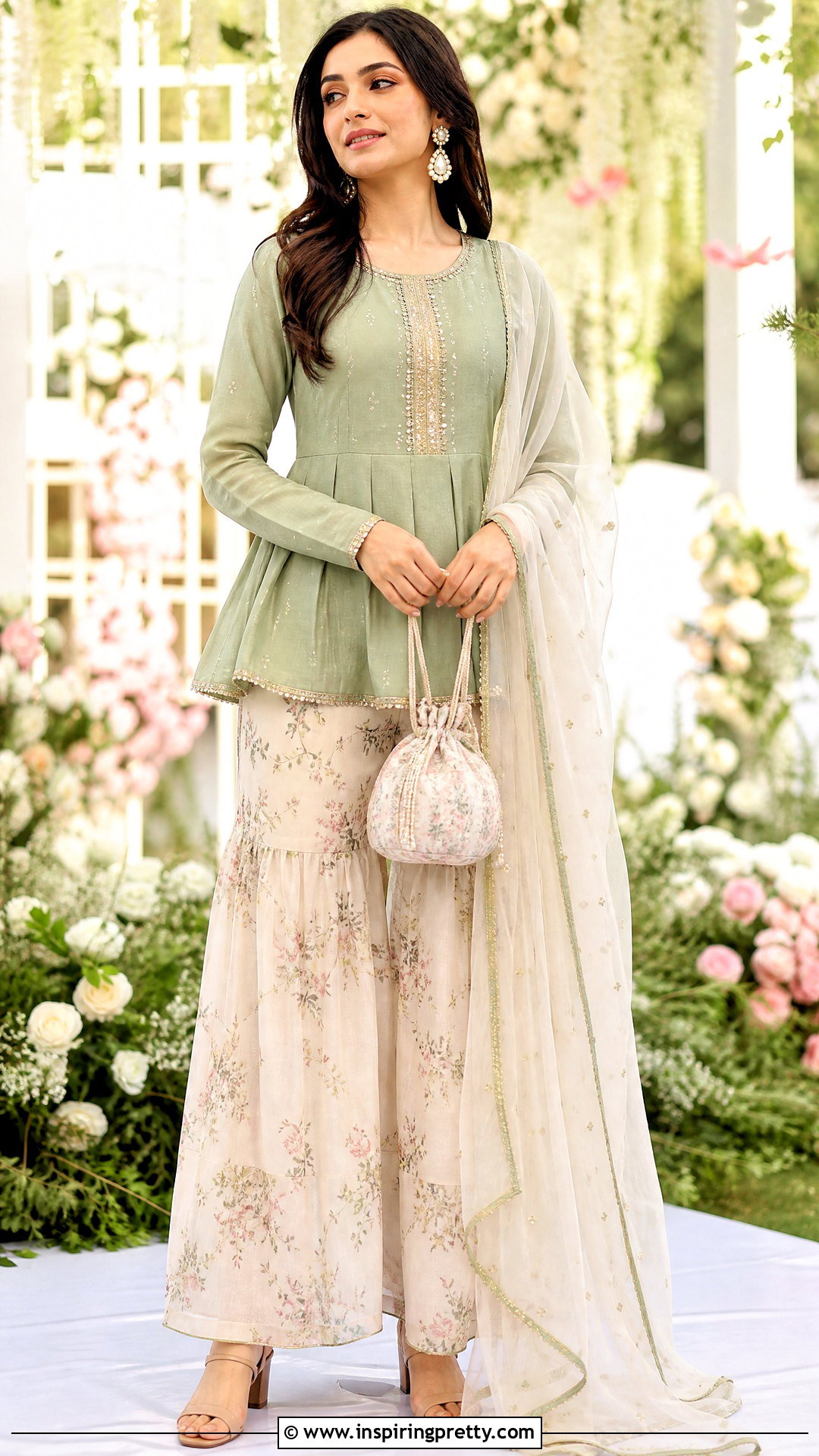 Sage Green Indian Peplum Top With Floral Sharara - 50 indian peplum top outfits