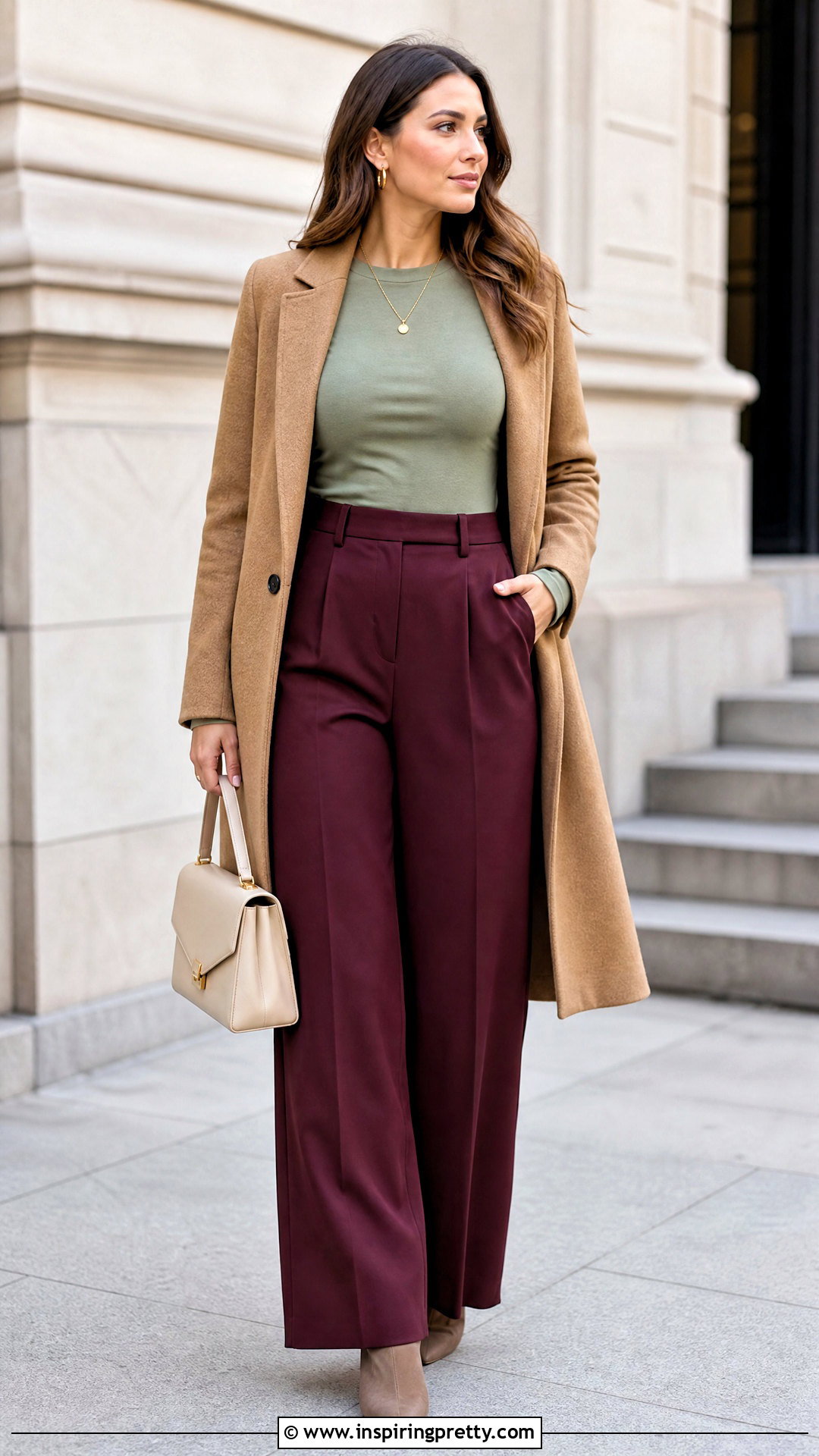 Sage Green Long Sleeve Top With Burgundy Pants - 25 Cute Sage Green Tops outfit ideas
