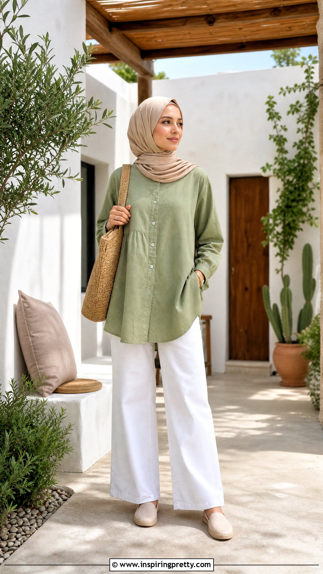 Sage Green Long Top With White Pants - 50 long tops designs for muslims