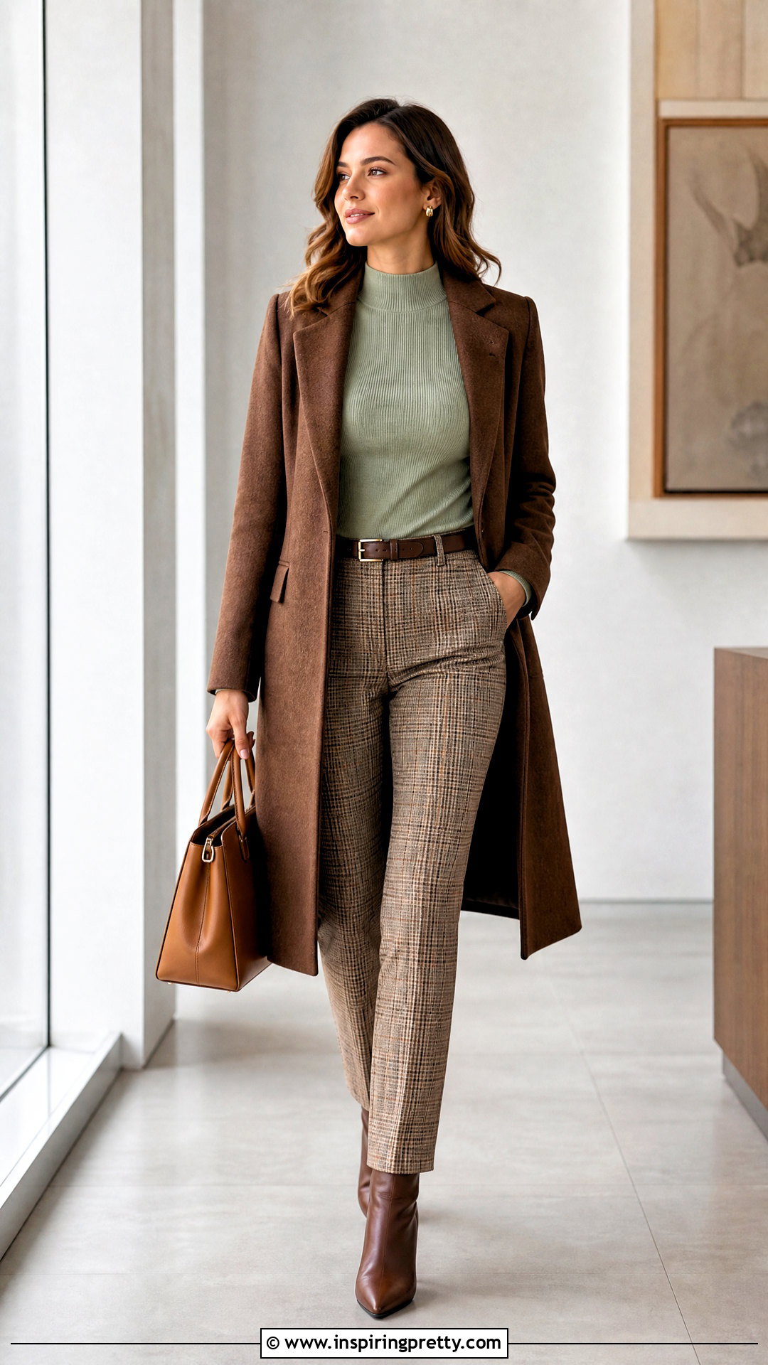 Sage Green Mock Neck Top With Plaid Trousers - 25 Cute Sage Green Tops outfit ideas
