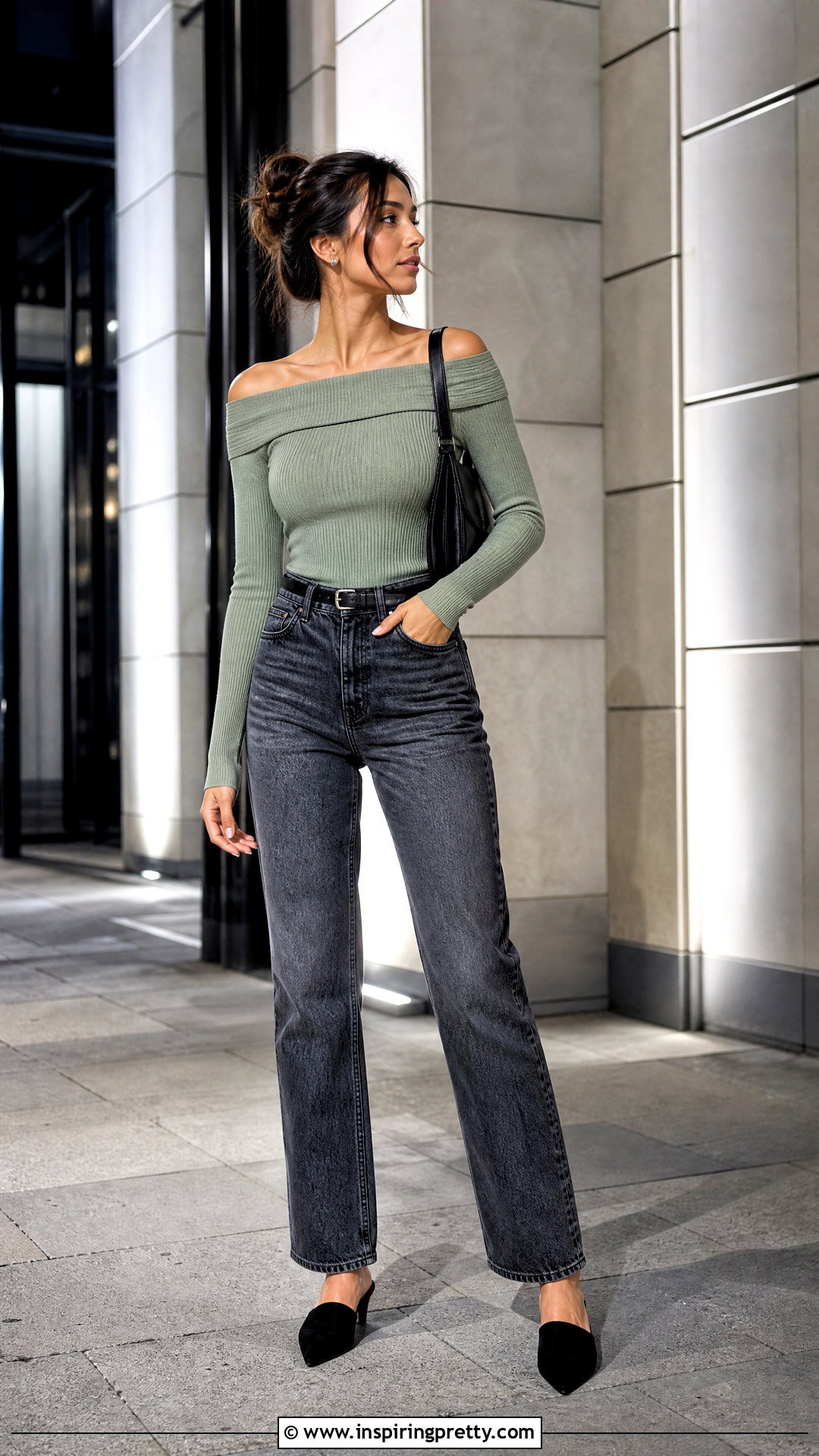 Sage Green Off The Shoulder Top With Charcoal Jeans - 25 Sage Green Off The Shoulder Top outfit ideas
