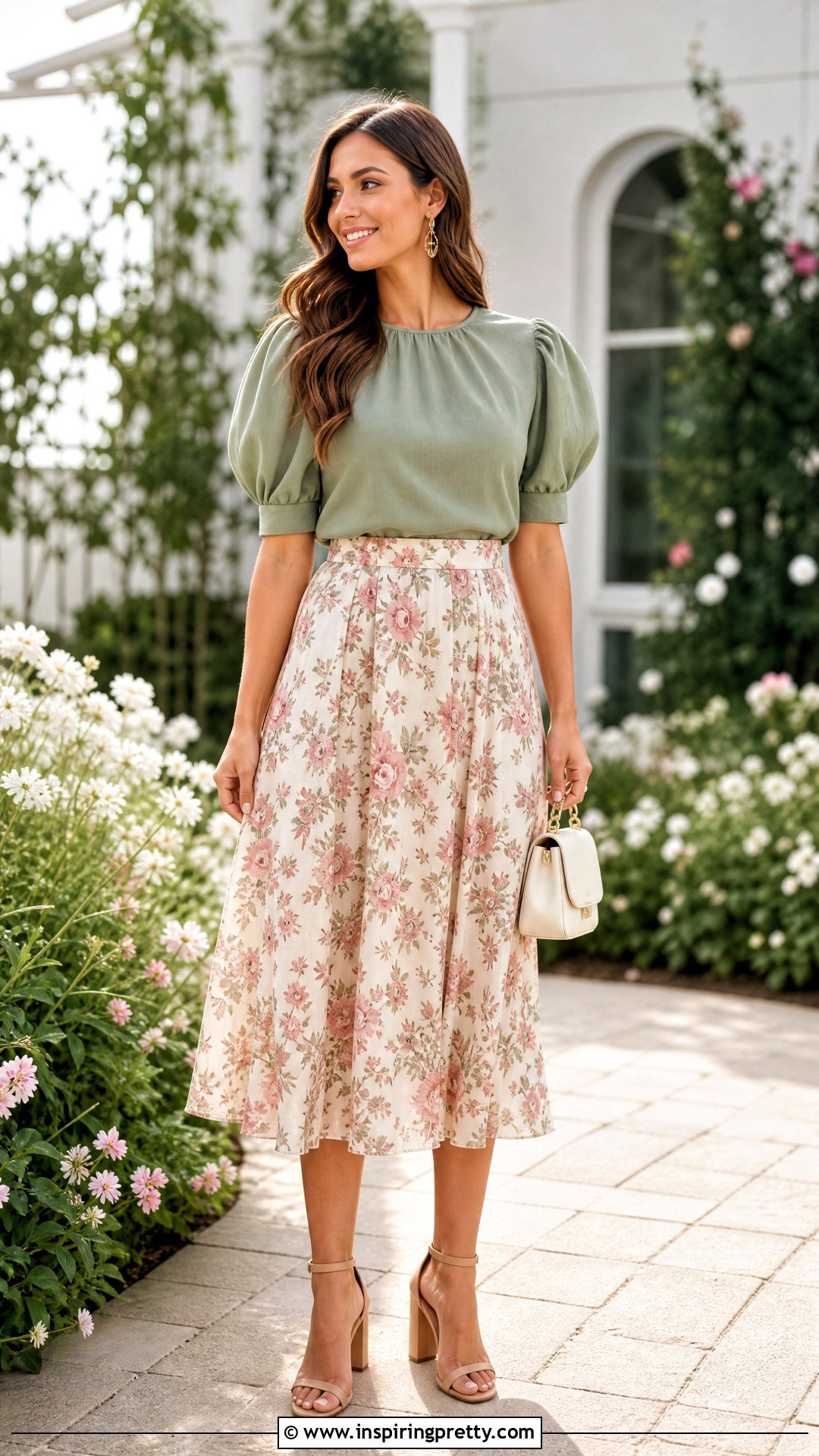 Sage Green Puff Sleeve Top With Floral Midi Skirt - 25 Cute Sage Green Tops outfit ideas